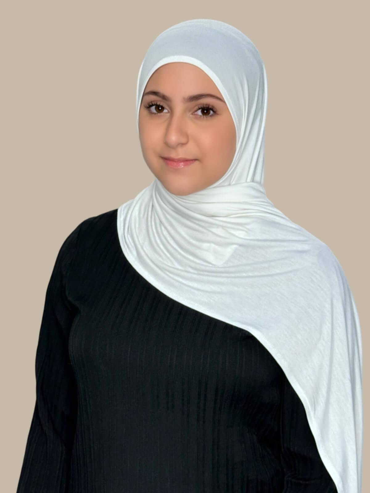Off White Pre-Sewn Jersey Hijab in Modish Girl size, side view on model with hijab draped over shoulder showing smooth fit and soft stretch fabric.