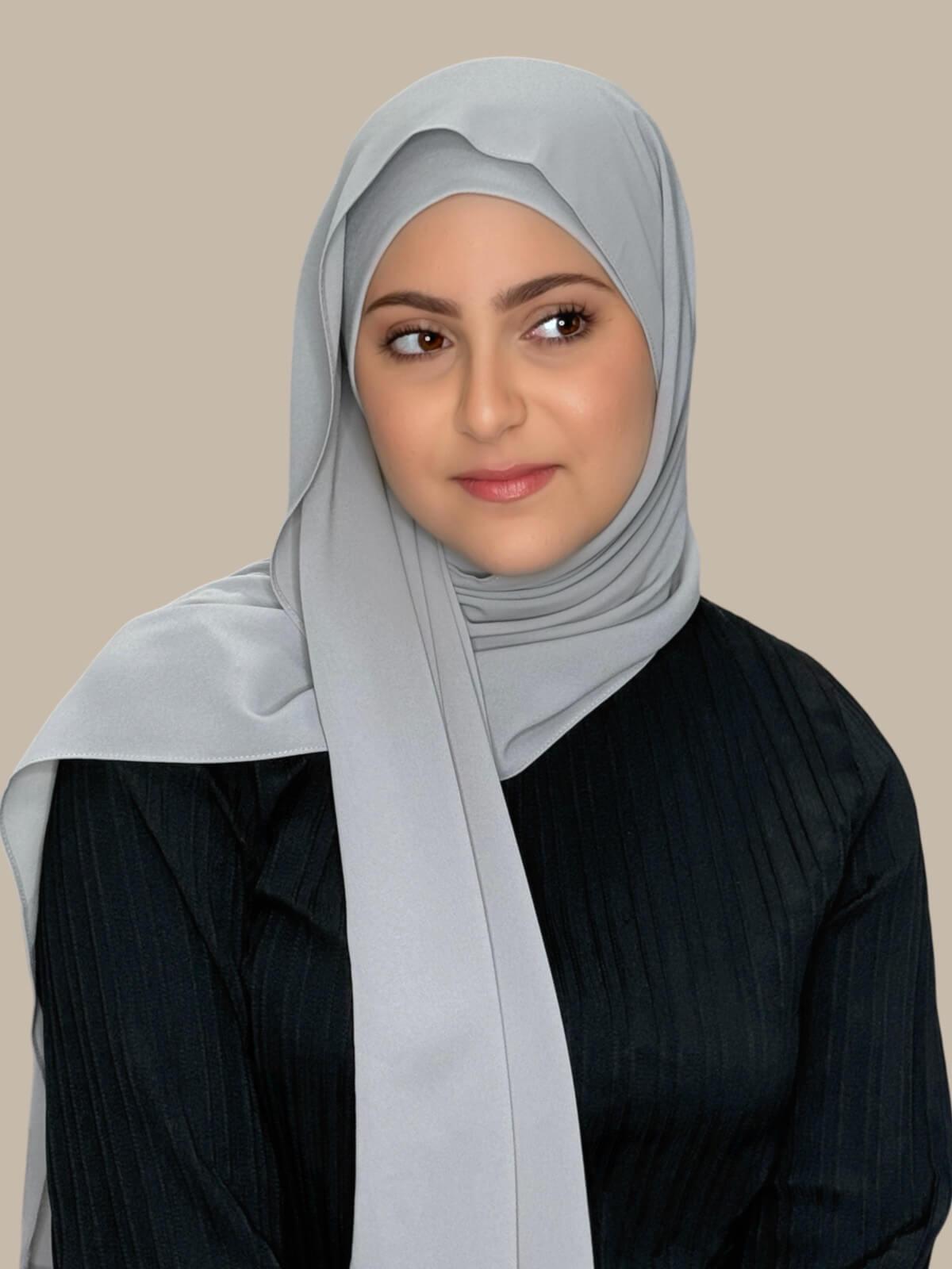 Dolphin Grey Matching Chiffon Hijab Set in modish girl size on model, side view showing lightweight drape and smooth layered wrap with elegant finish.