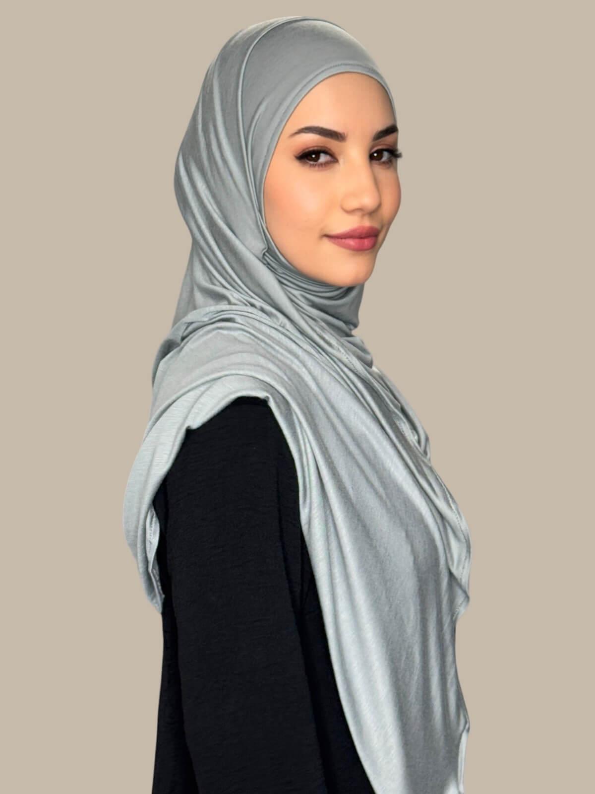 Stone Green Pre-Sewn Jersey Hijab, side view on model
