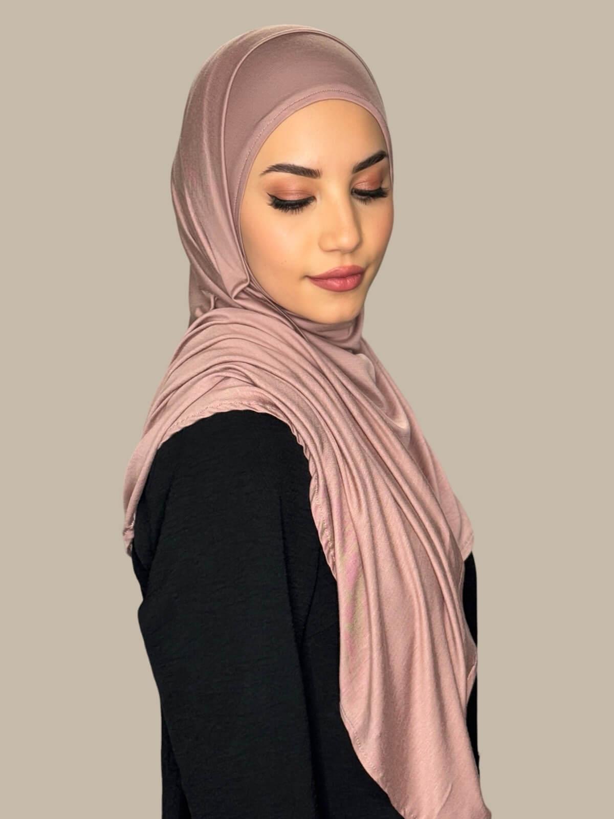 Dusty Rose Pre-Sewn Jersey Hijab side view on model