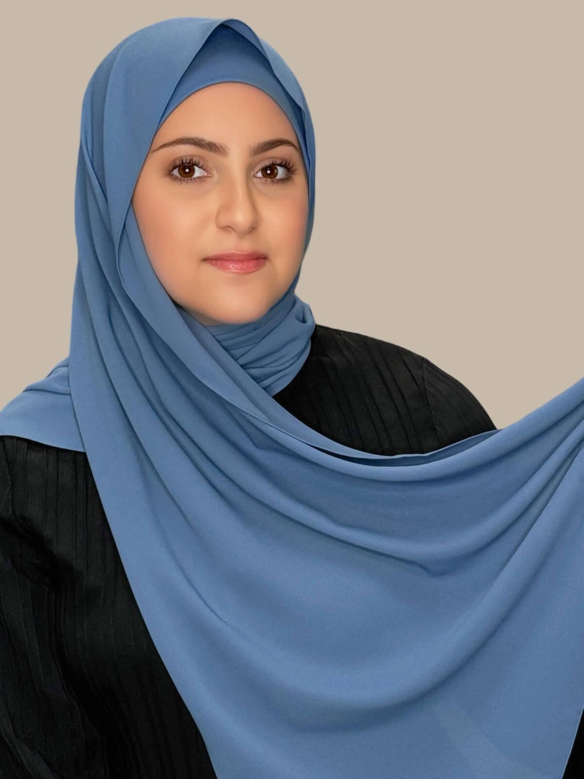 Cool Blue Matching Chiffon Hijab Set in modish girl size on model, side view showing full opacity of hijab