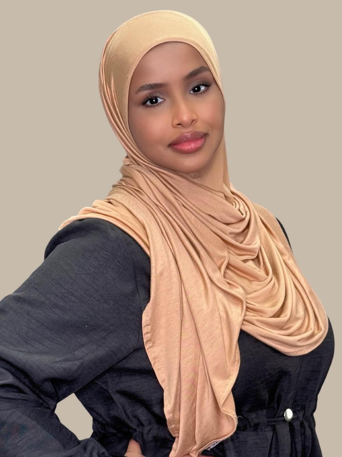 Honey Pre-Sewn Jersey Hijab, side view on model no pins