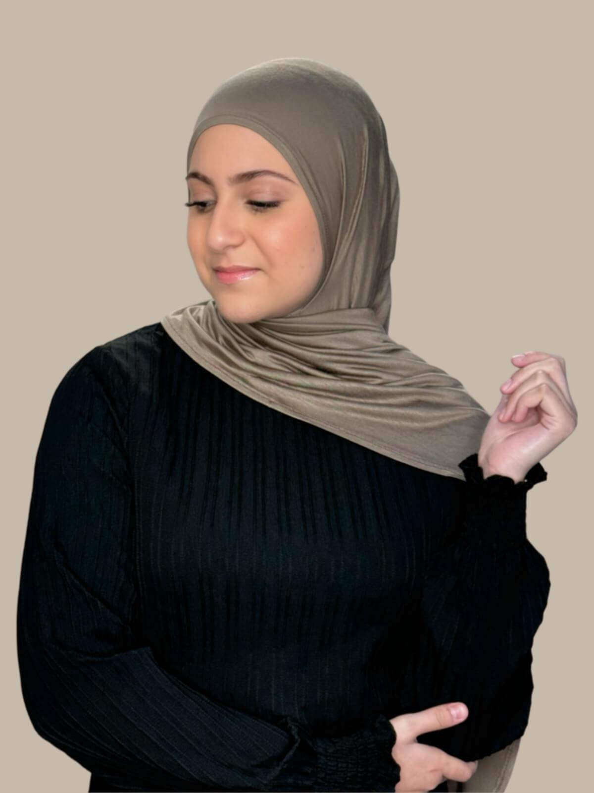 Sandstone Pre-Sewn Jersey Hijab in Modish Girl size, front view on model with hijab draped over shoulder fabric.
