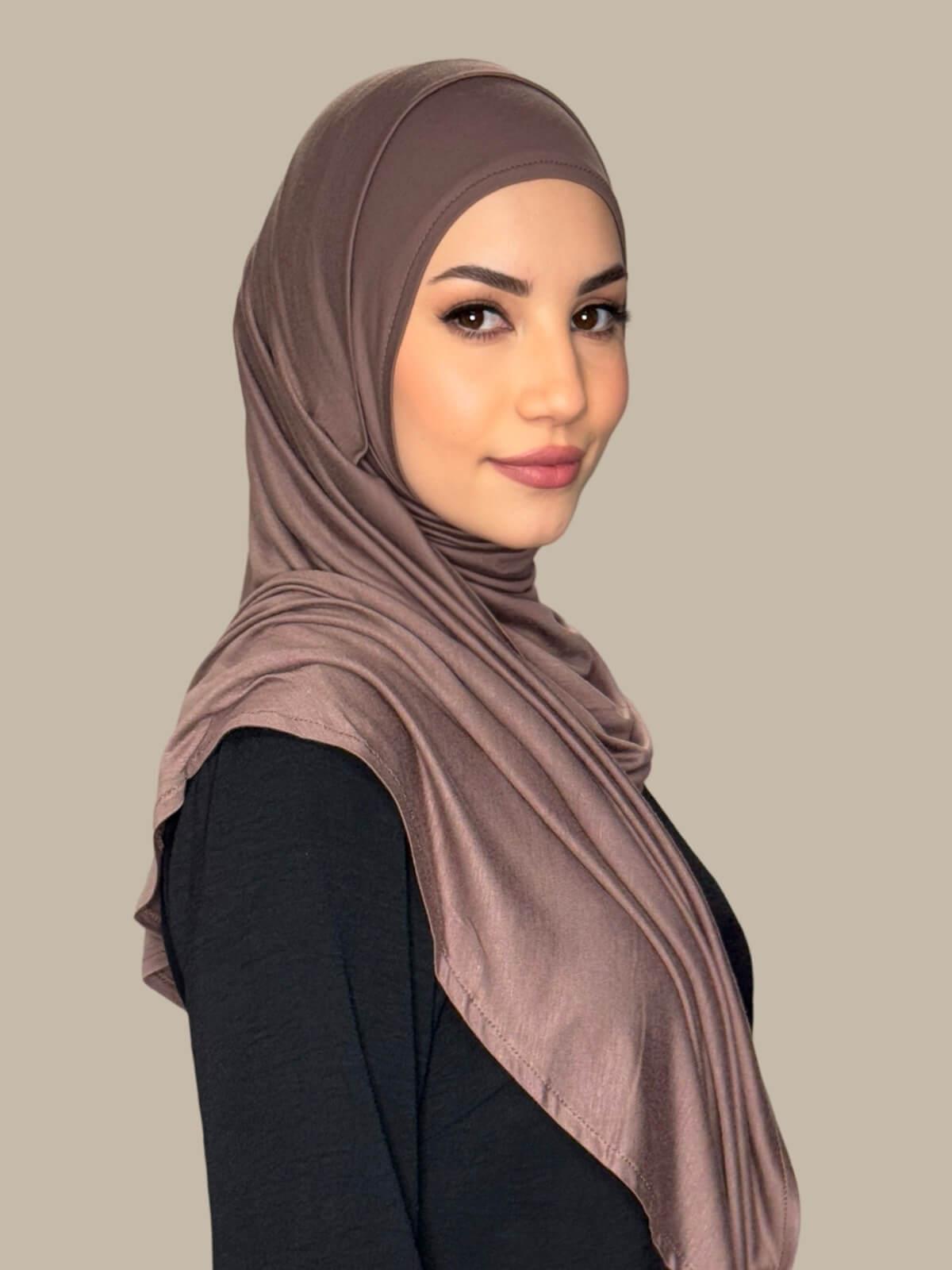 Mocha Brown Pre-Sewn Jersey Hijab, side view on model