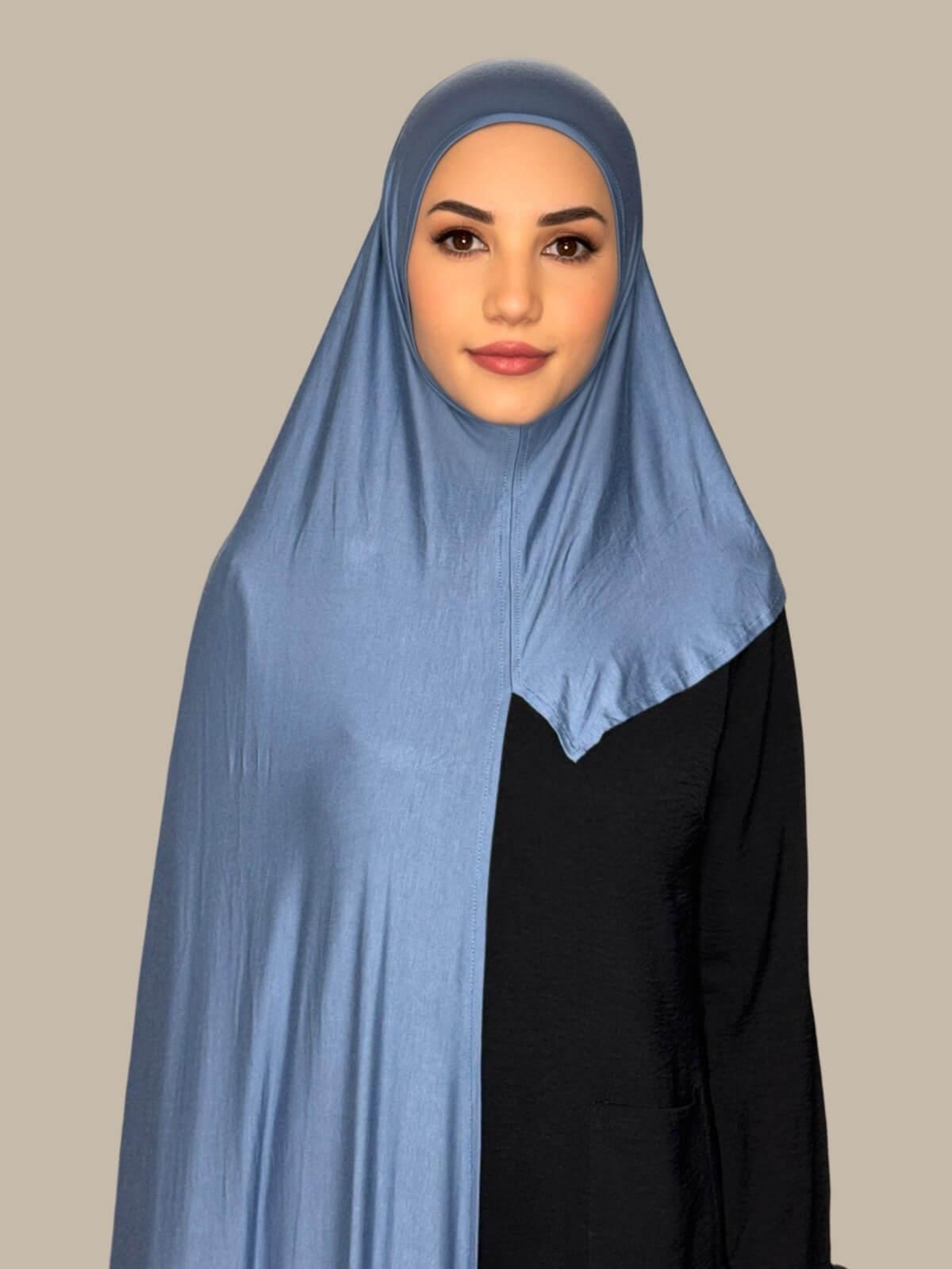 Blue Grey Pre-Sewn Jersey Hijab front view on model showing full coverage and smooth drape on both sides