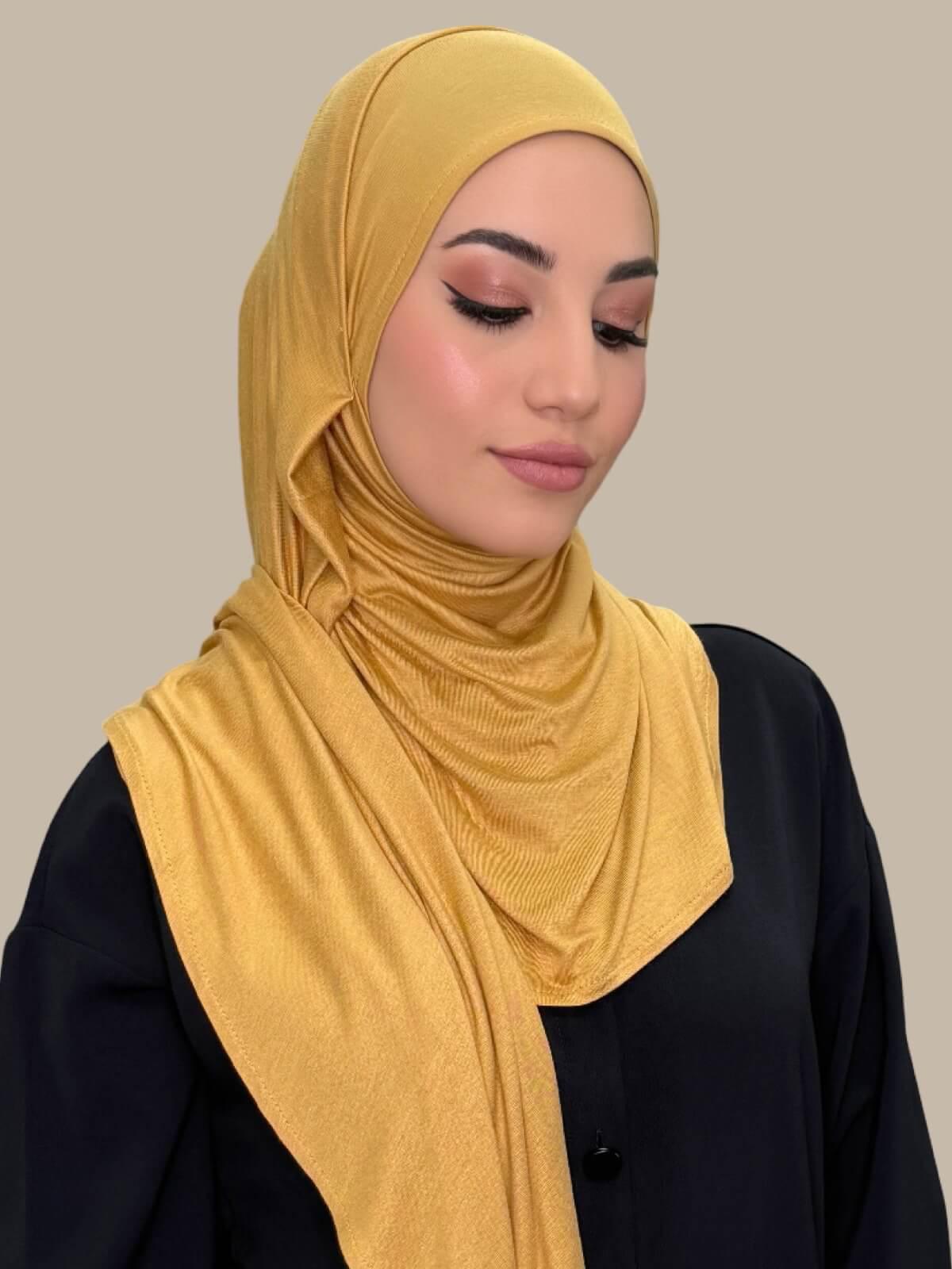 Saffron Pre-Sewn Jersey Hijab, side view on model
