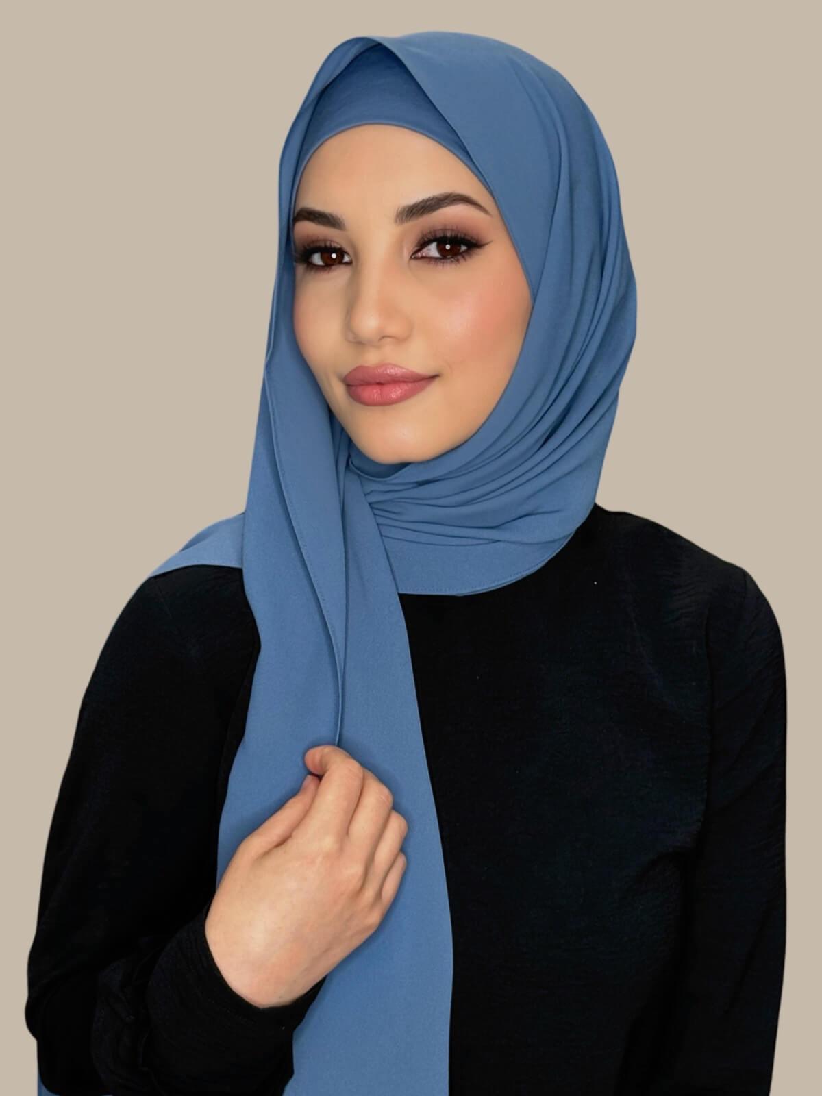 Cool Blue Matching Chiffon Hijab Set on model,side view showing lightweight drape and smooth layered wrap with elegant finish