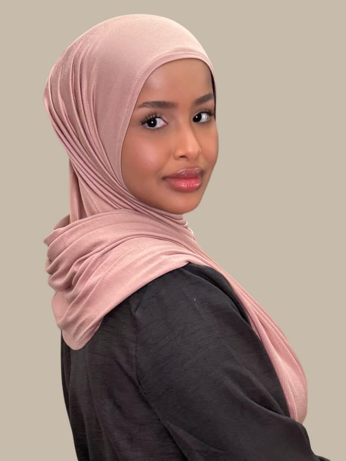 Dusty Rose Pre-Sewn Jersey Hijab back view on model