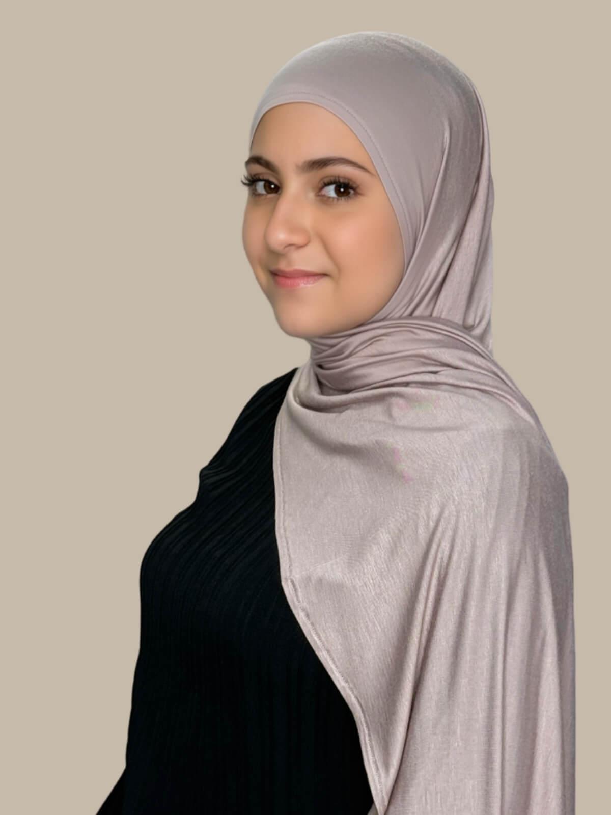 Sphinx Pre-Sewn Jersey Hijab in Modish Girl size, side view on model with hijab draped over shoulder showing smooth fit and soft stretch