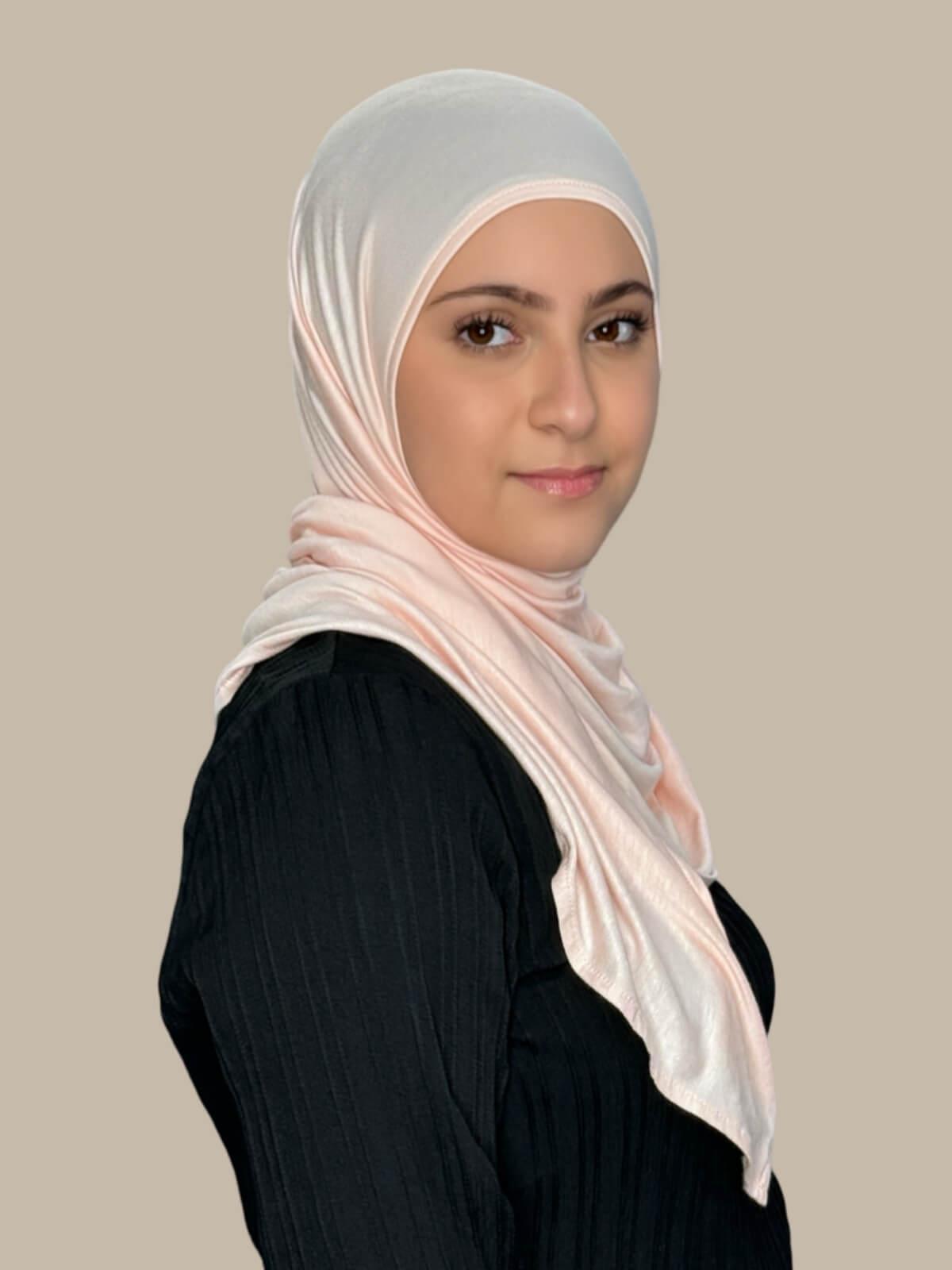 Pearl Pre-Sewn Jersey Hijab in Modish Girl size on model side view. Effortless to wear