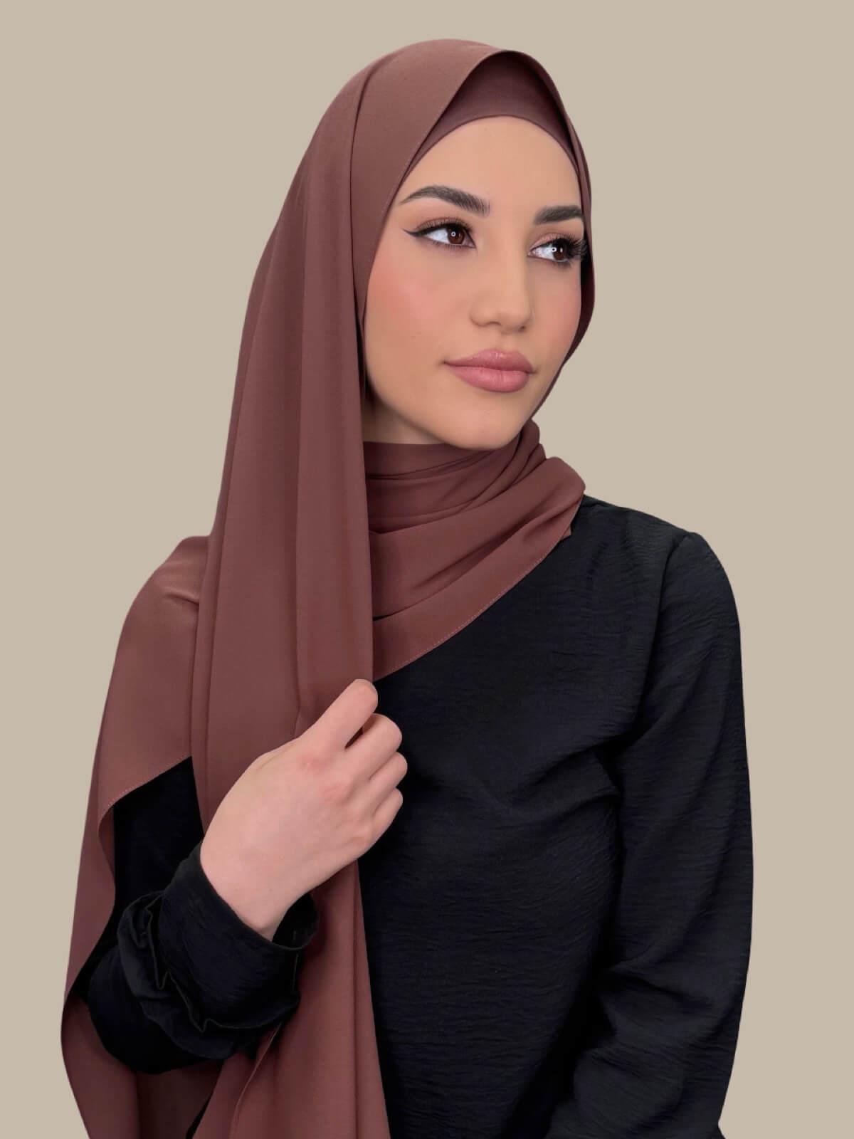 Burnt Redwood Matching Chiffon Hijab Set on model, side view showing lightweight drape and smooth layered wrap with elegant finish.