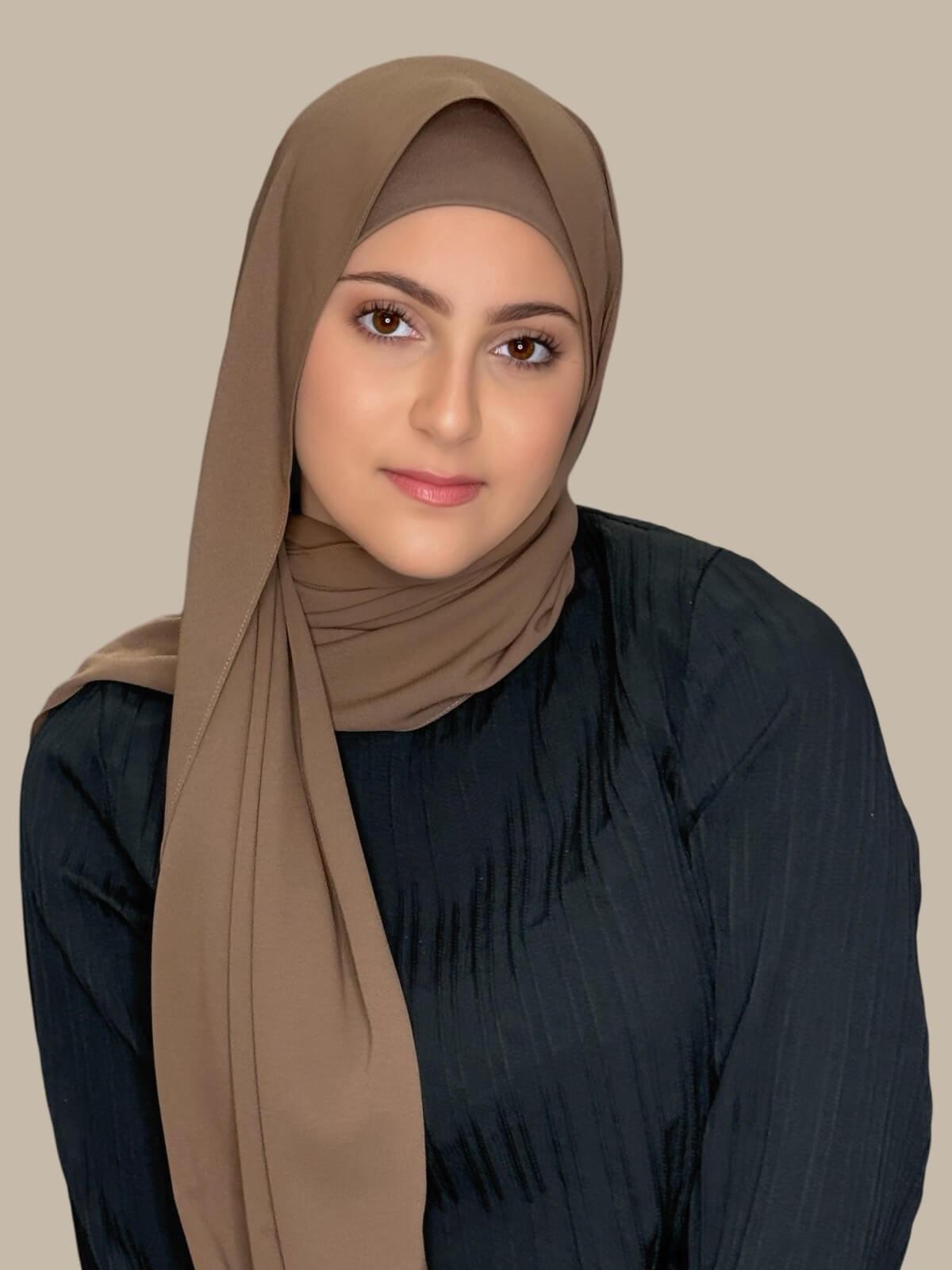 Walnut Brown Matching Chiffon Hijab Set in modish girl size on model,front view showing lightweight drape and smooth layered wrap with elegant finish.