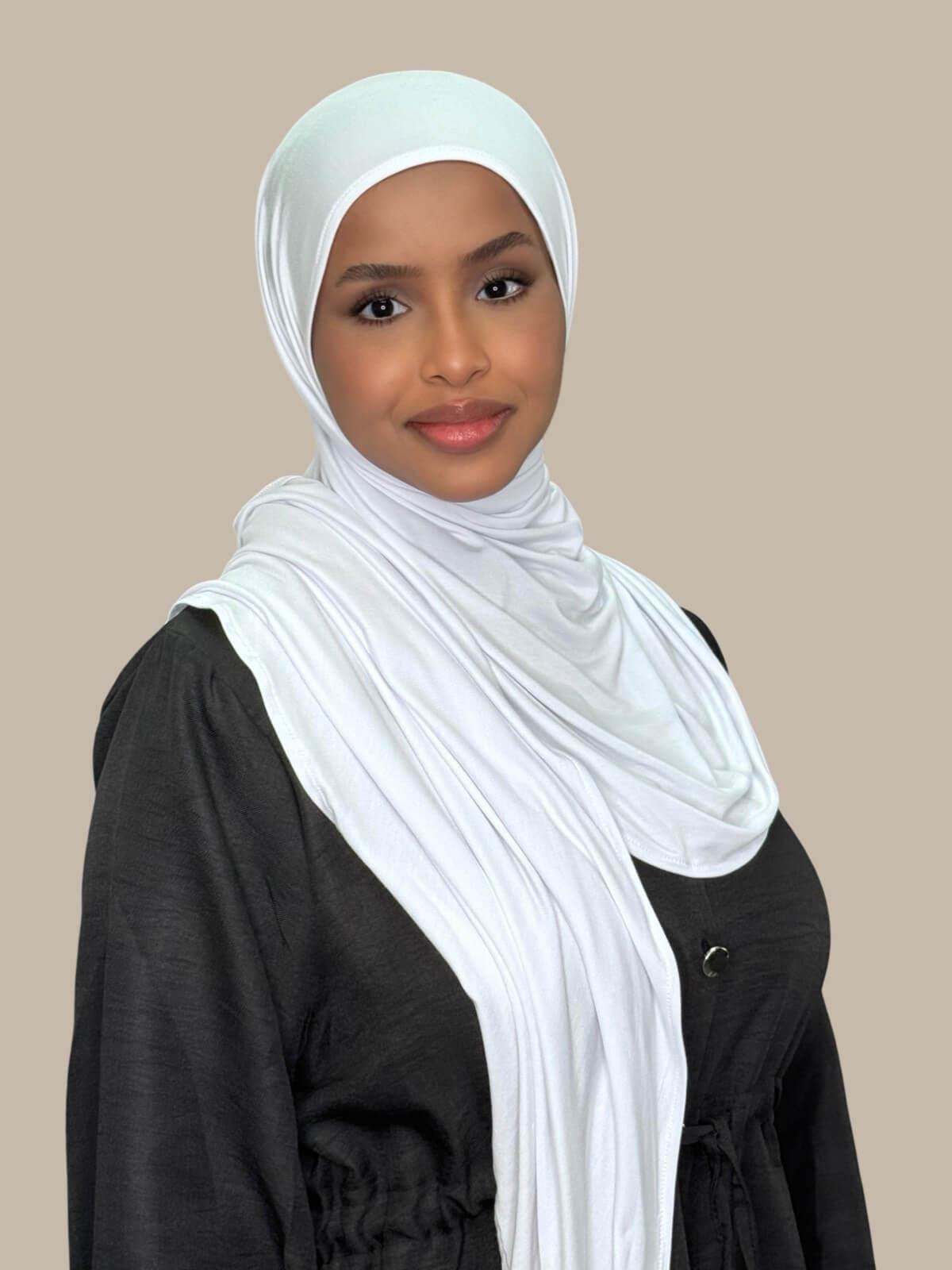 White Pre-Sewn Jersey Hijab, side view on model full coverage