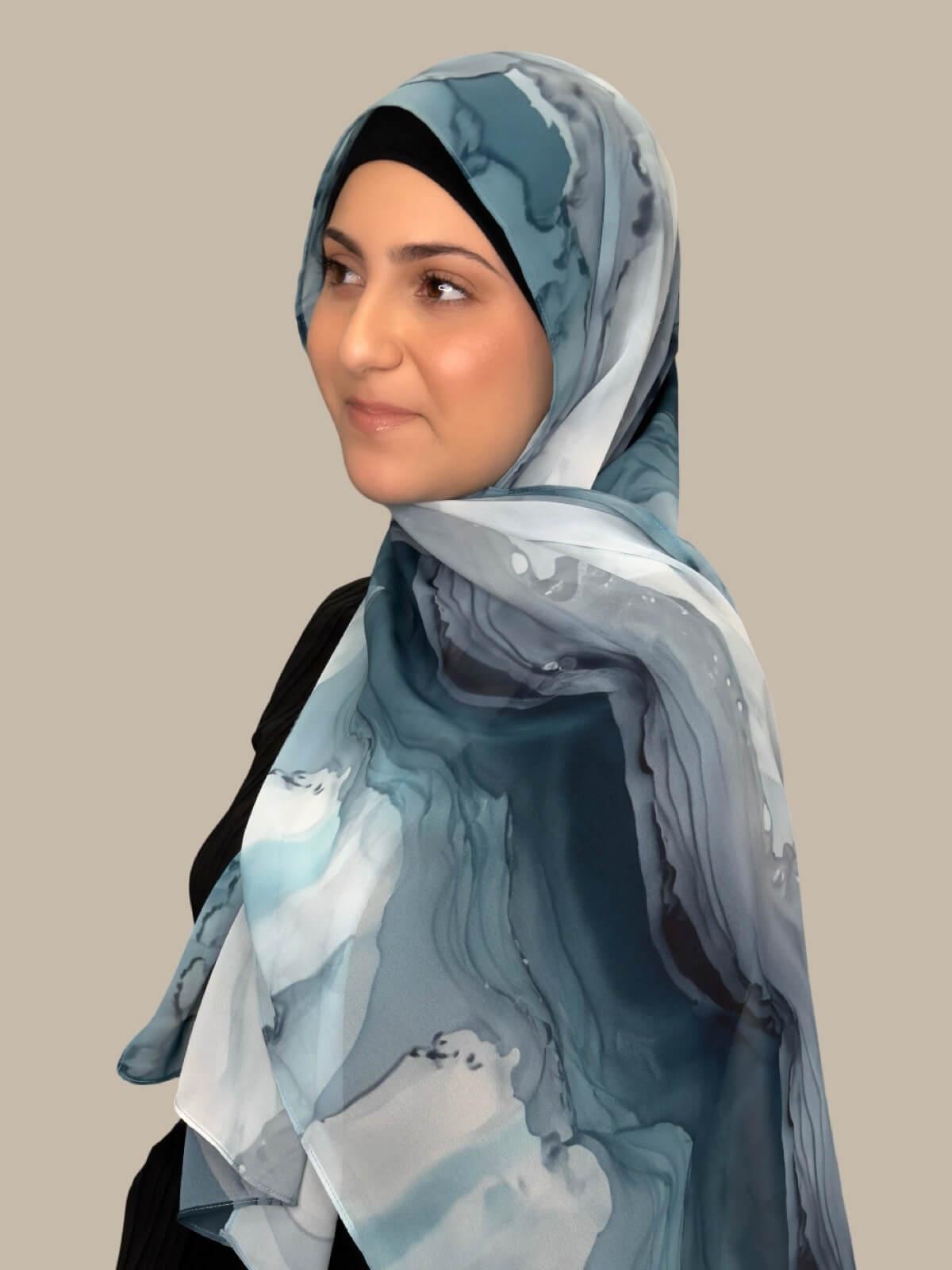 Modish Girl Printed Chiffon Hijab-Tidal Teal