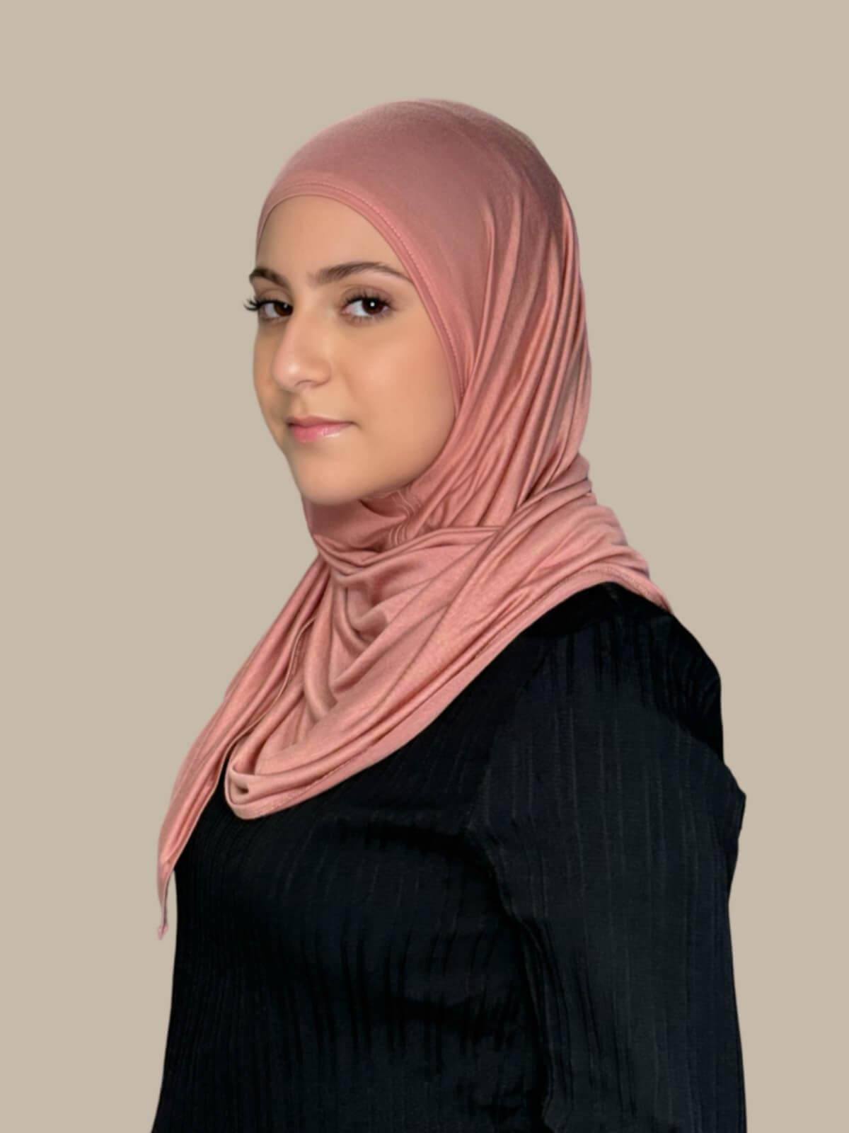 Wood Rose Pre-Sewn Jersey Hijab in Modish Girl size, side view on model with hijab wrapped neatly around shoulders showing smooth fit and soft stretch fabric.