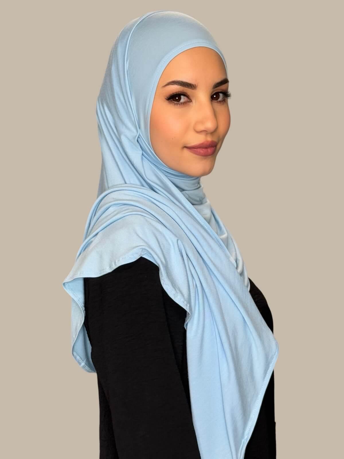 Baby Blue Pre-Sewn Jersey Hijab side view on model