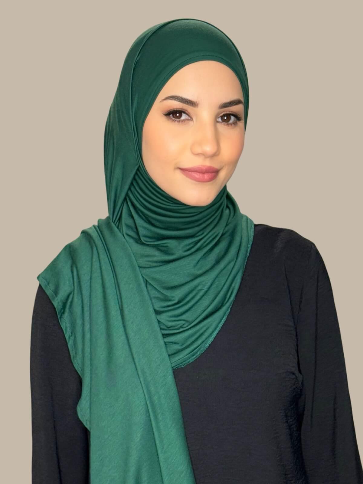 Forest Green Pre-Sewn Jersey Hijab, front view on model