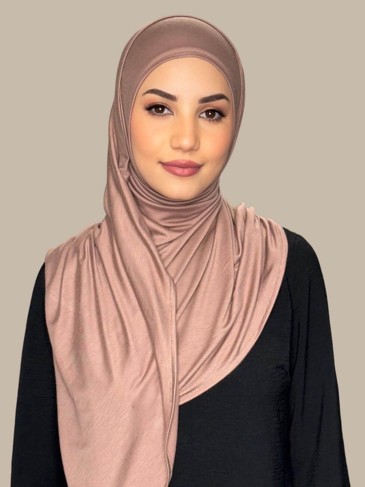 Pale Taupe Pre-Sewn Jersey Hijab, front view on model 
