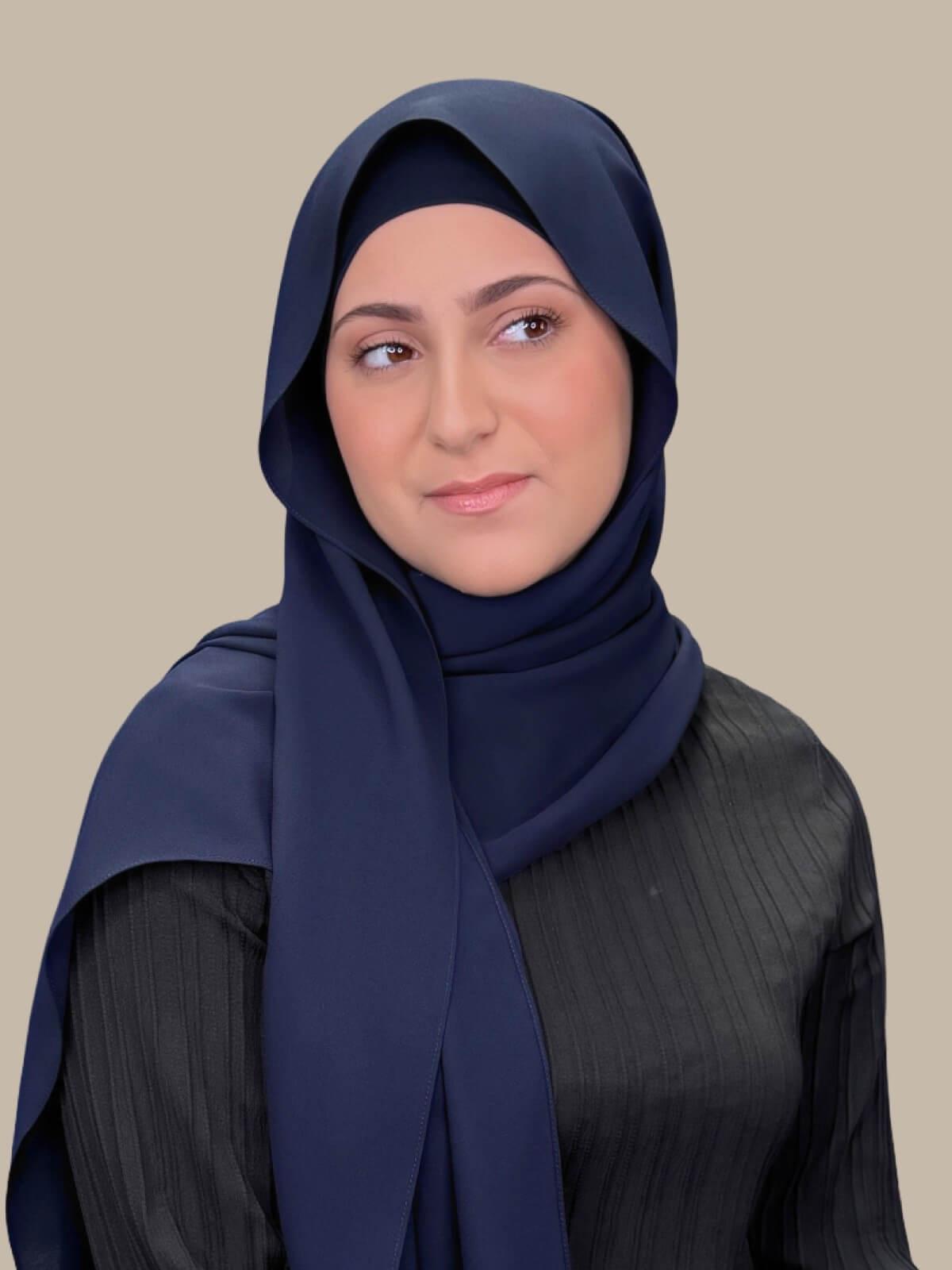 Dark Slate Matching Chiffon Hijab Set in modish girl size on model, front view showing lightweight drape and smooth layered wrap with elegant finish.