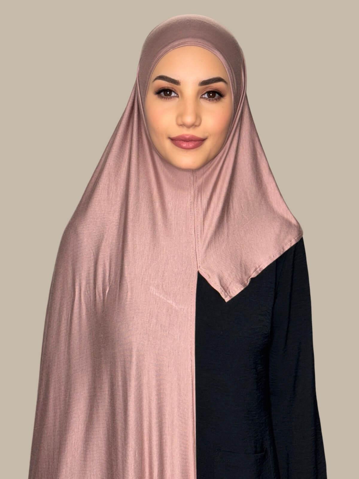 Dusty Rose Pre-Sewn Jersey Hijab front view on model showing full coverage and smooth drape on both sides