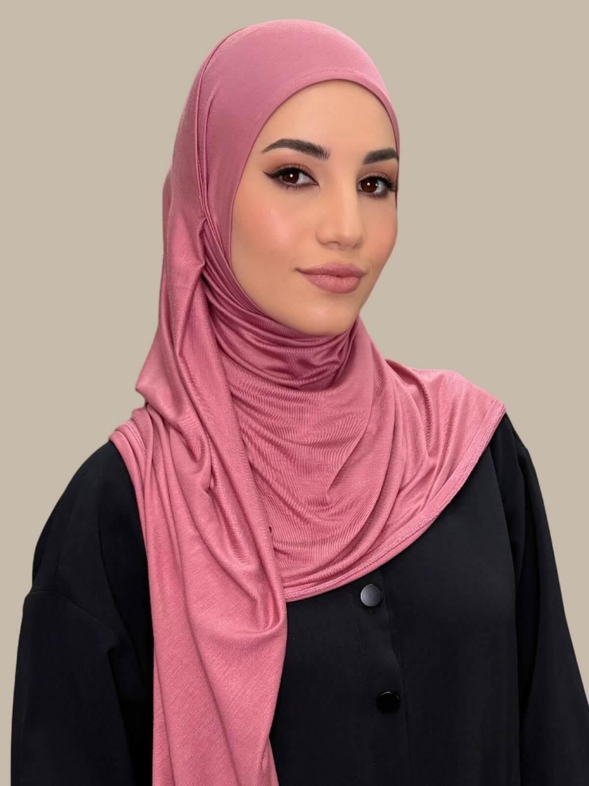 Pale Rose Pre-SEwn Jersey Hijab front view on model no pins