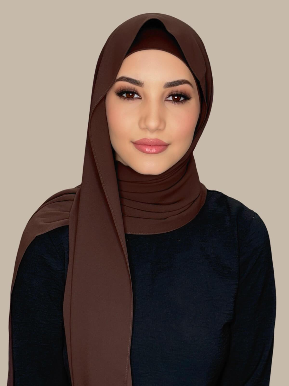 Umber Matching Chiffon Hijab Set on model,front view draped over one shoulder