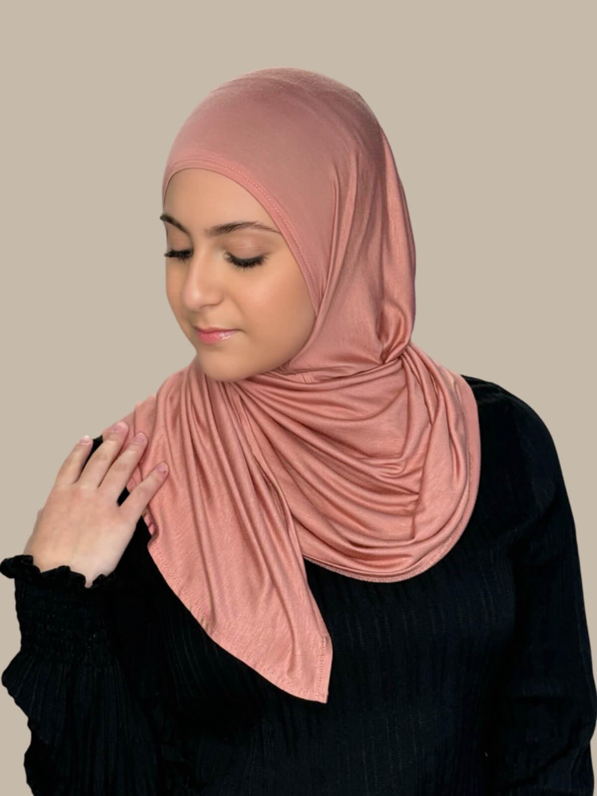 Wood Rose Pre-Sewn Jersey Hijab in Modish Girl size, front view on model with hijab wrapped neatly around shoulders showing smooth fit and soft stretch fabric. Effortless to wear