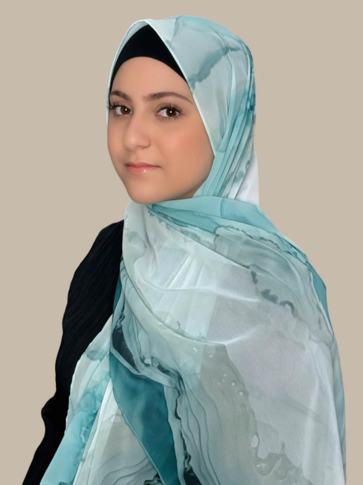 Modish Girl Printed Chiffon Hijab-Tidal Teal