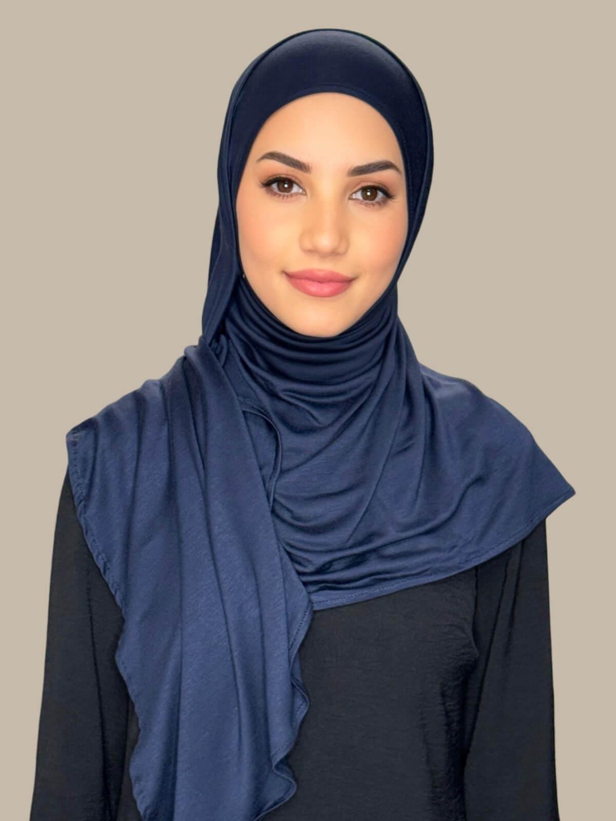 Navy Pre-Sewn Jersey Hijab, on model front view
