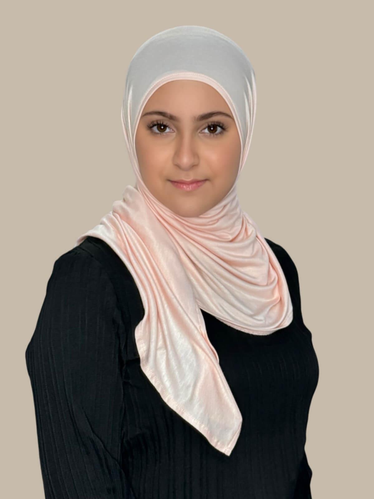 Pearl Pre-Sewn Jersey Hijab in Modish Girl size, front view on model with hijab wrapped neatly around shoulders showing smooth fit and soft stretch fabric. Effortless to wear