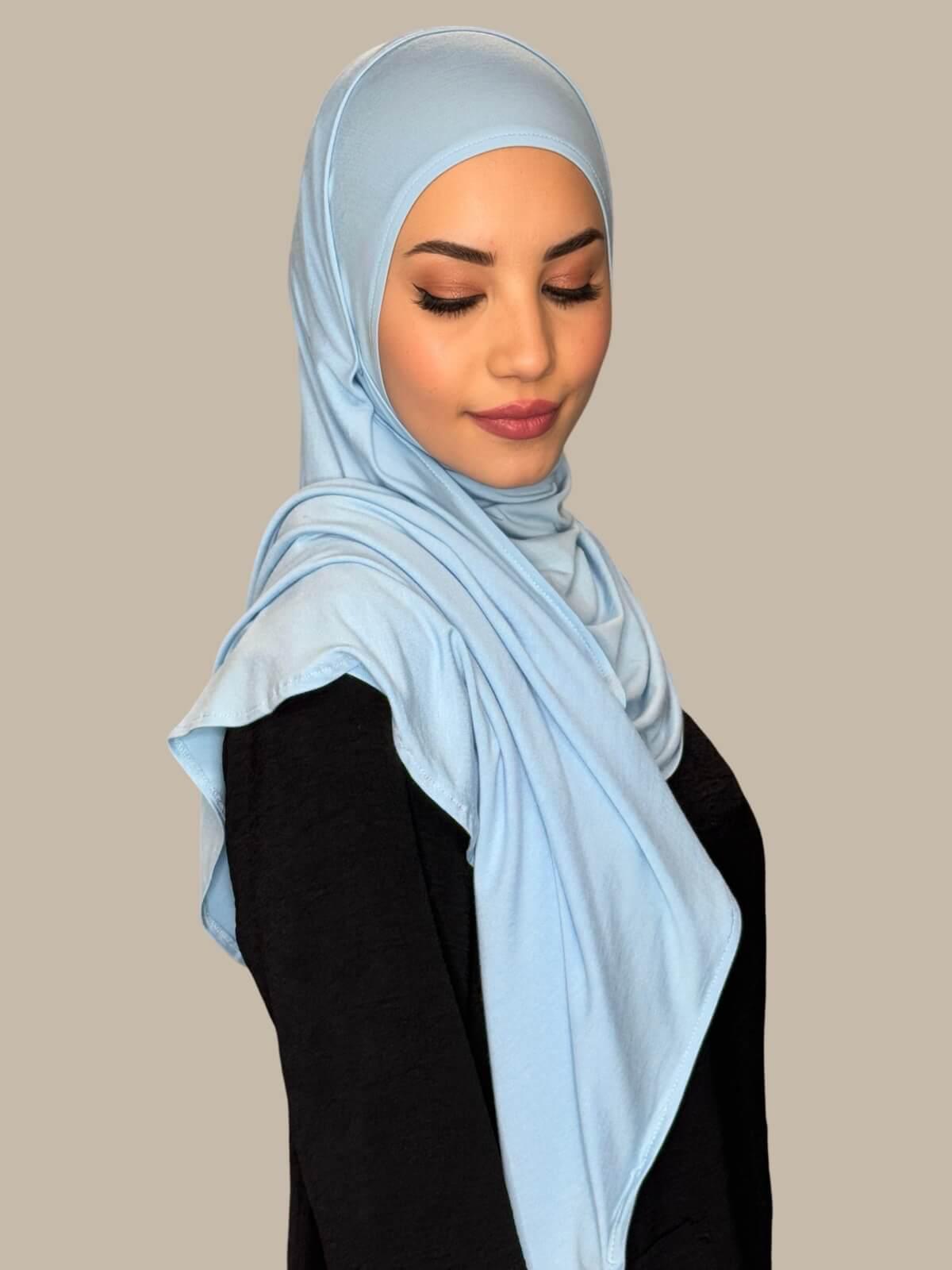 Baby Blue Pre-Sewn Jersey Hijab side view on model