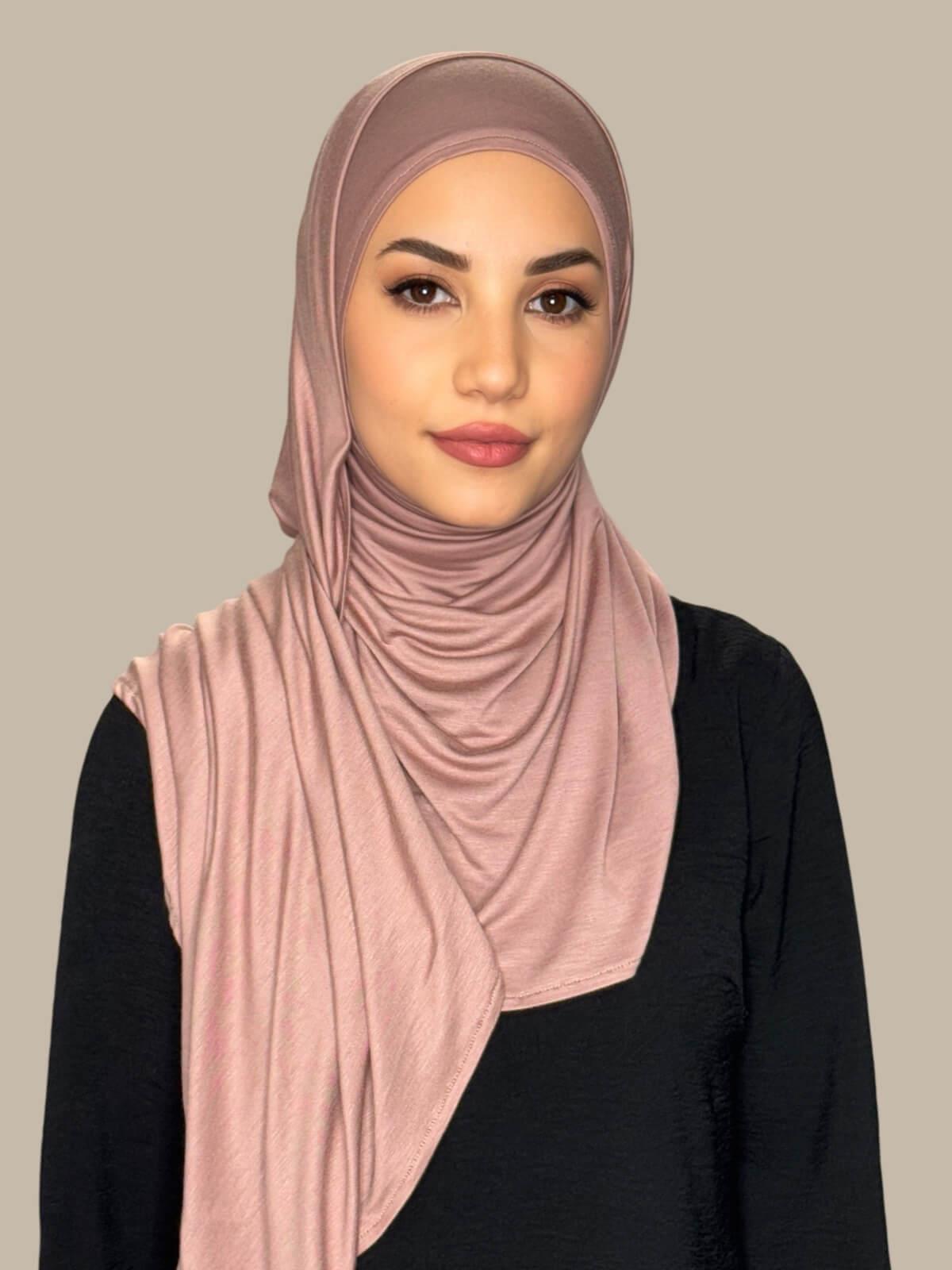 Dusty Rose Pre-Sewn Jersey Hijab front view on model