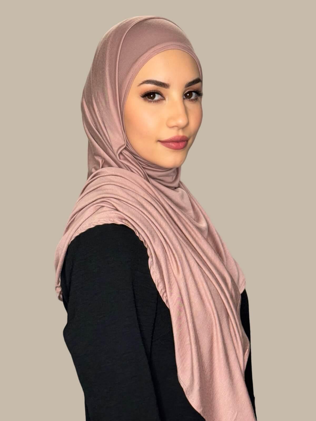 Dusty Rose Pre-Sewn Jersey Hijab side view on model