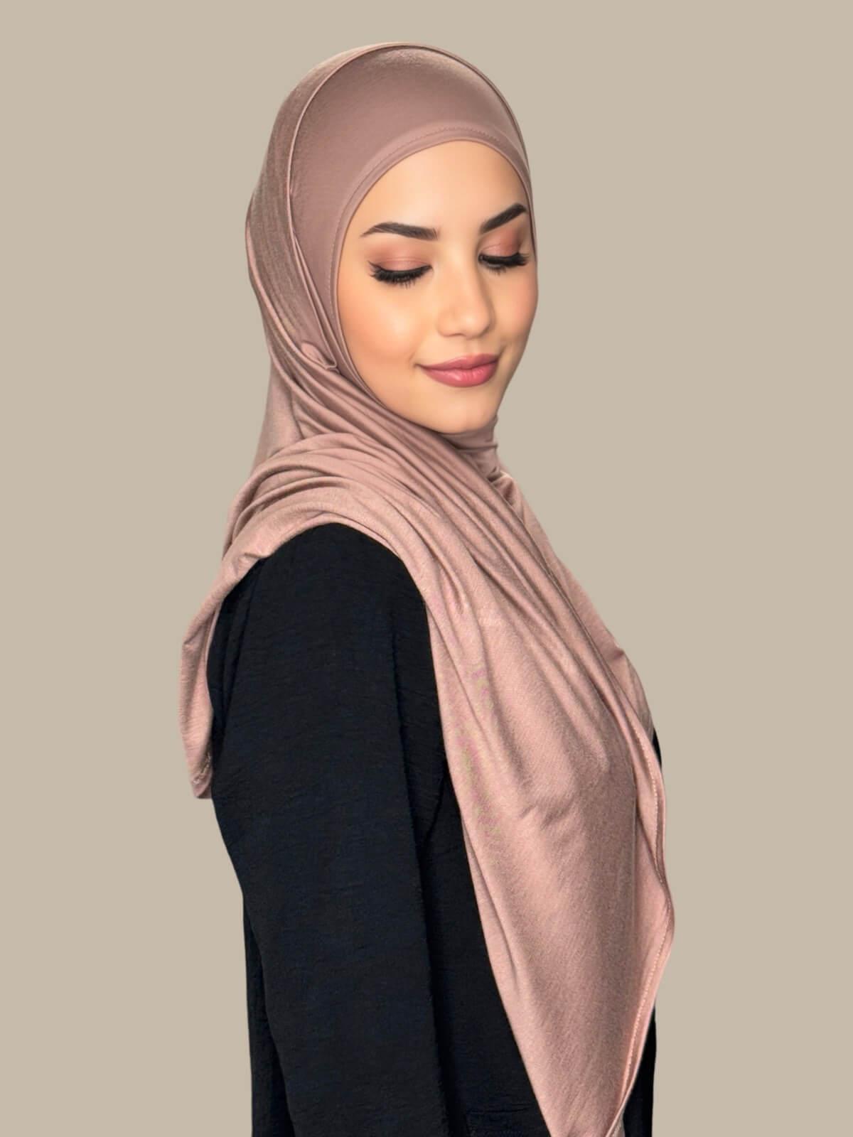 Pale Taupe Pre-Sewn Jersey Hijab, side view on model 