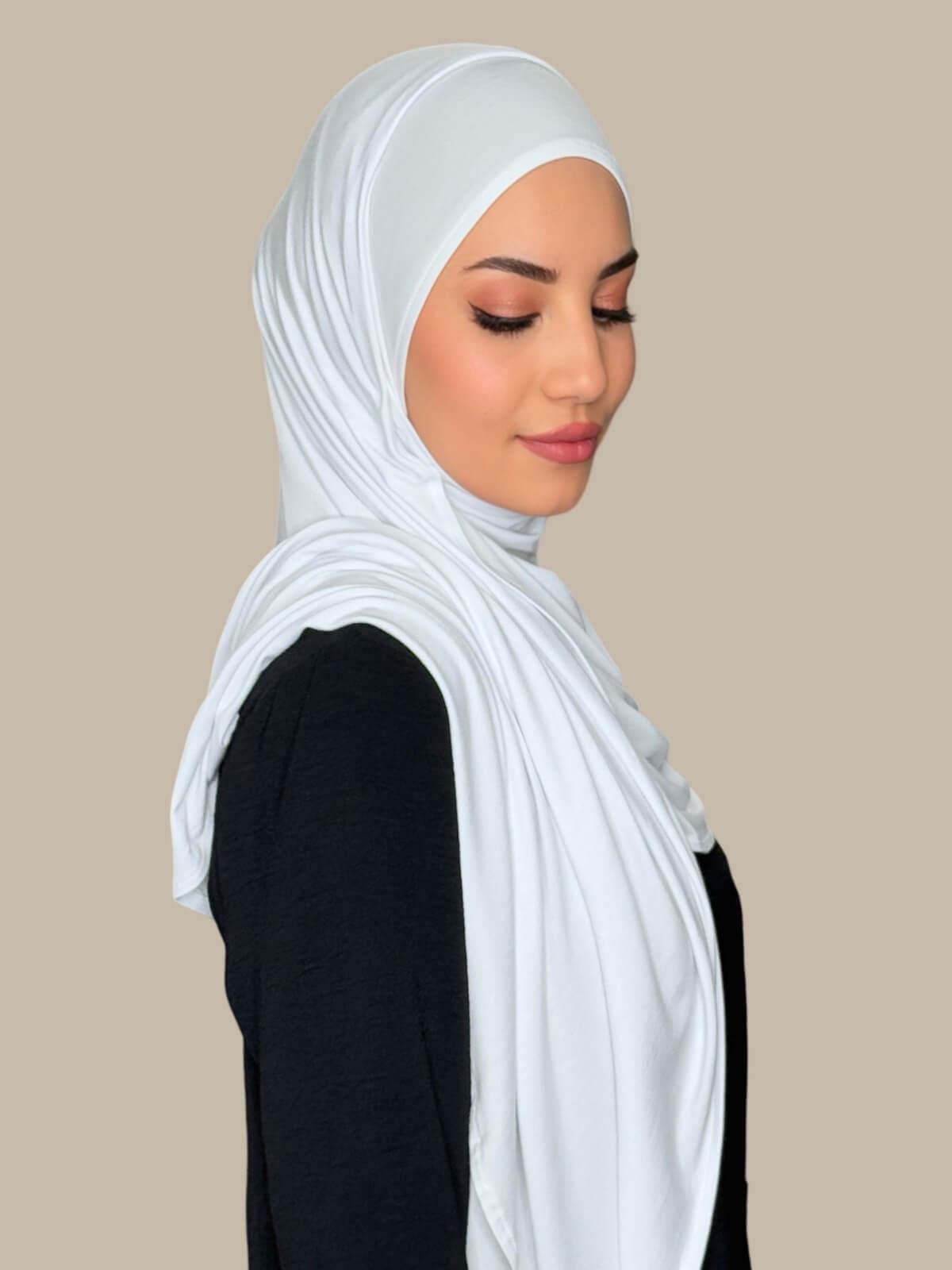 White Pre-Sewn Jersey Hijab — side profile showing fit
