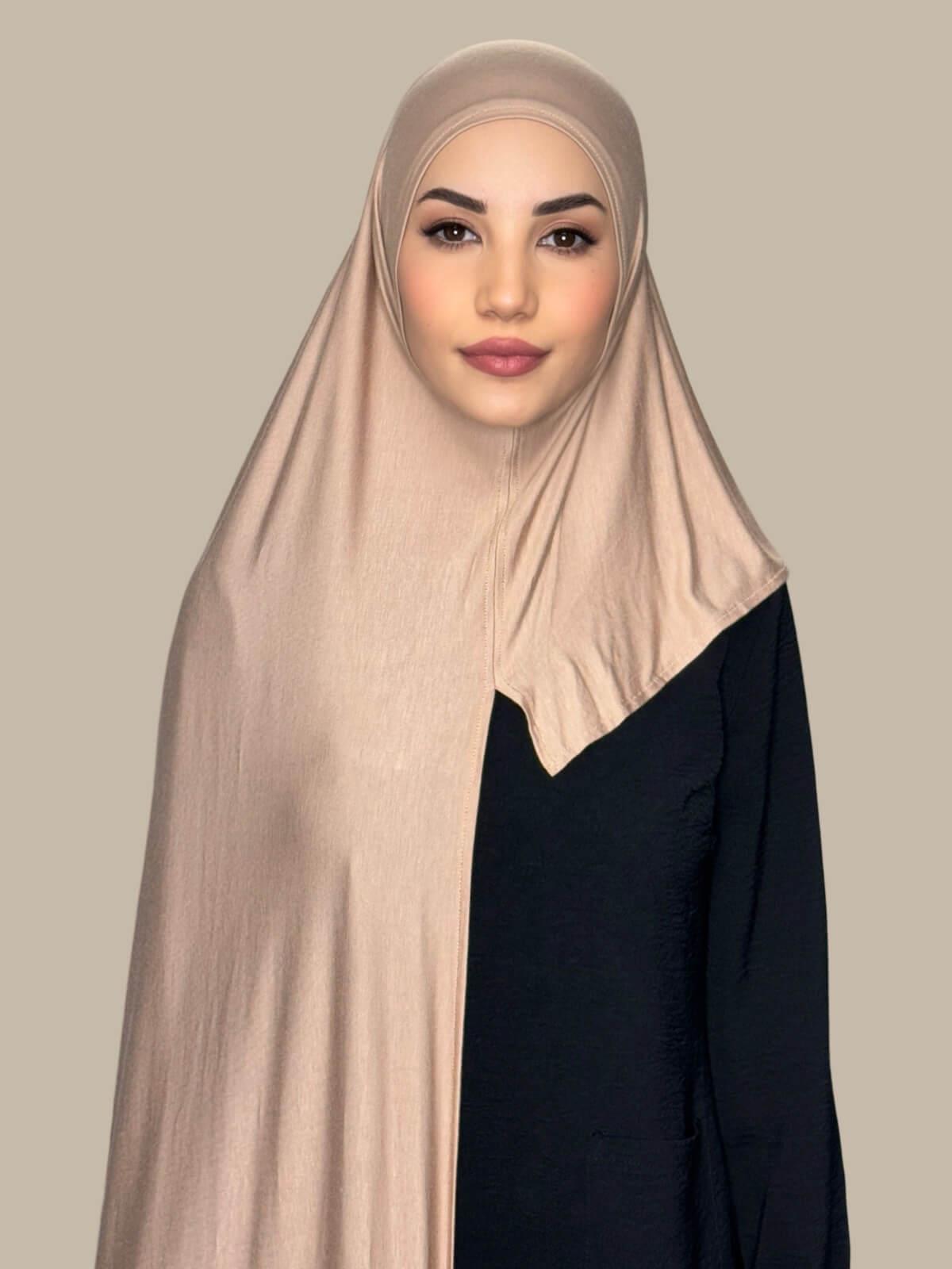 Warm Taupe Pre-Sewn Jersey Hijab front view on model showing full coverage and smooth drape on both sides