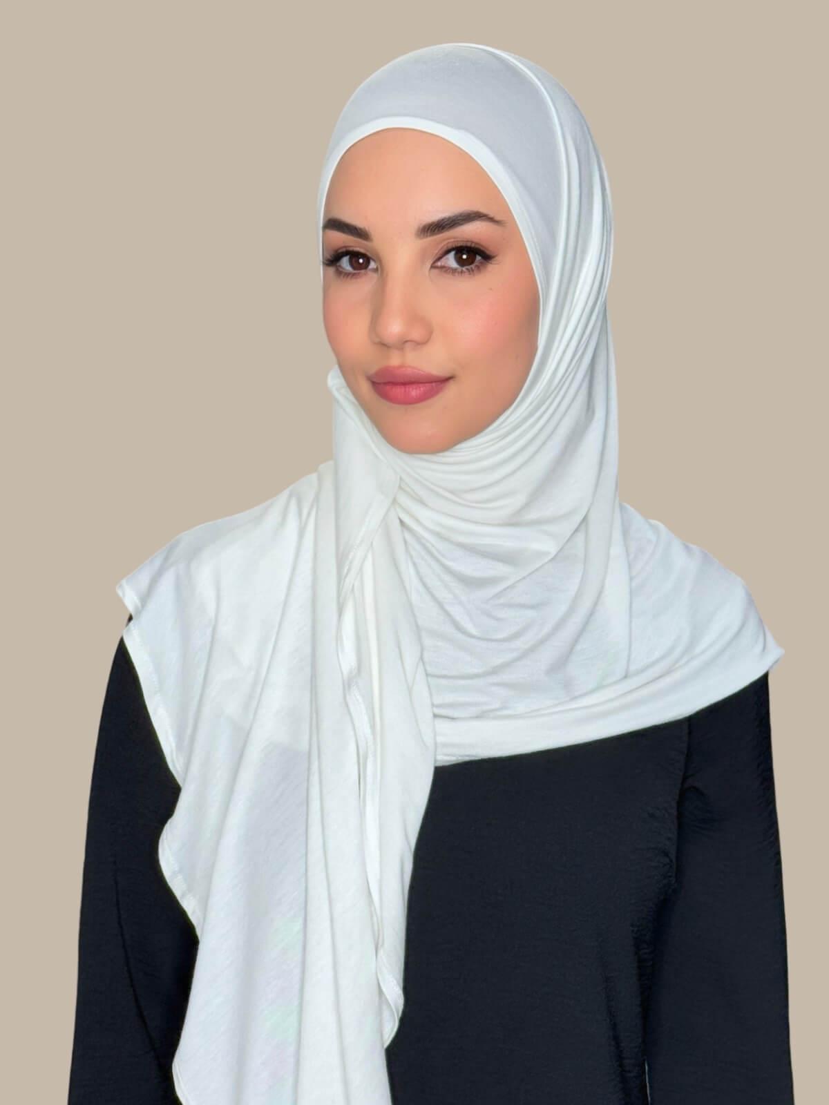 Off White Pre-Sewn Jersey Hijab — front view on model