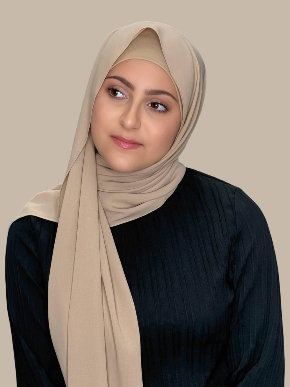 Desert Matching Chiffon Hijab Set in modish girl size on model, side view showing lightweight drape and smooth layered wrap with elegant finish.