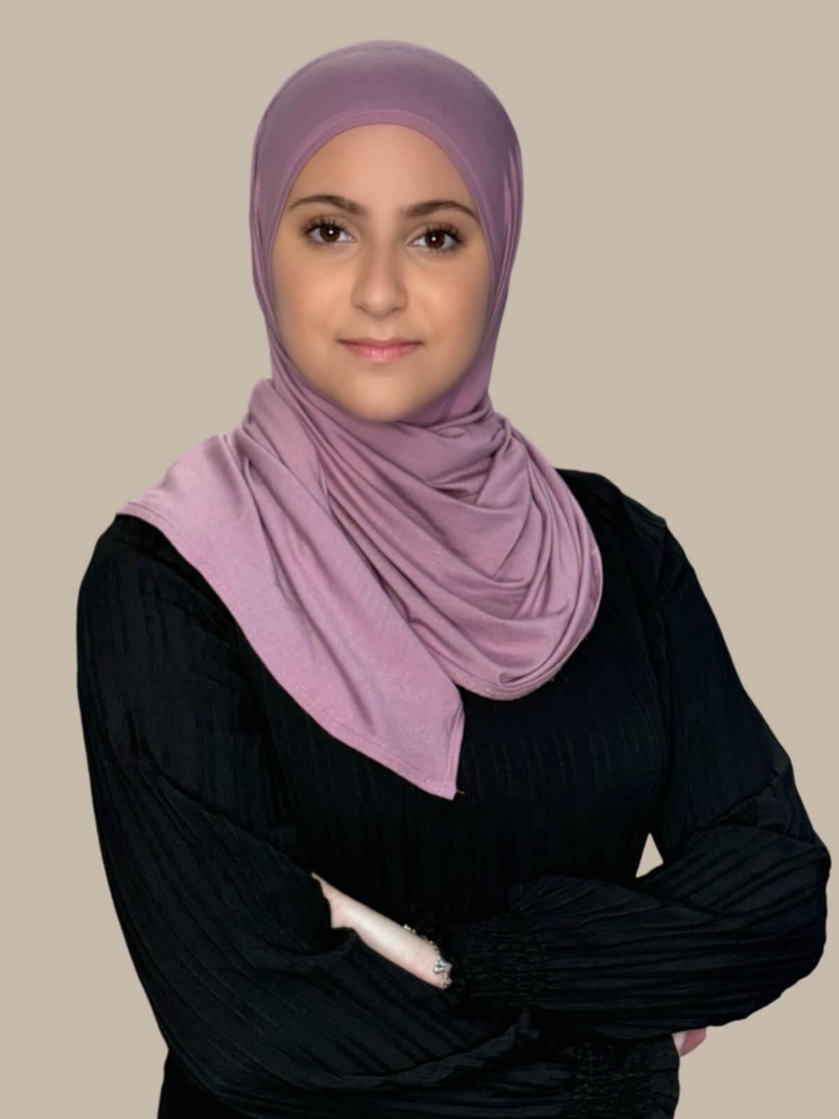 Khaki Rose Pre-Sewn Jersey Hijab in Modish Girl size, front view on model with hijab wrapped neatly around shoulders showing smooth fit and soft stretch fabric.