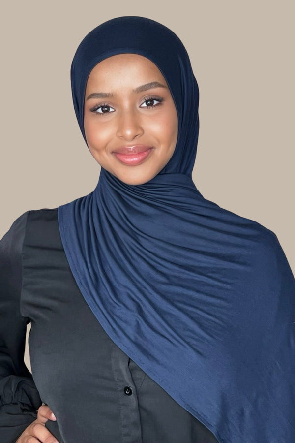 A Woman in a Navy Blue Hijab | Hijab Store