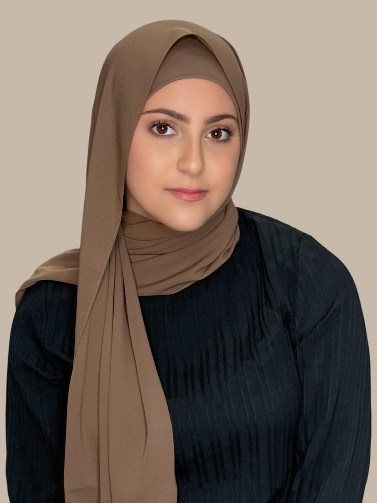 Walnut Brown Matching Chiffon Hijab Set in modish girl size on model, side view showing lightweight drape and smooth layered wrap with elegant finish.