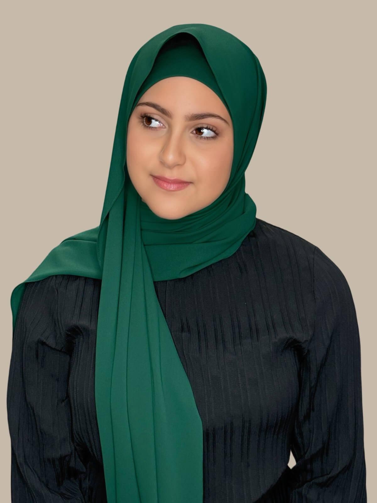 Deep Green Matching Chiffon Hijab Set in modish girl size on model, side view showing lightweight drape and smooth layered wrap with elegant finish.