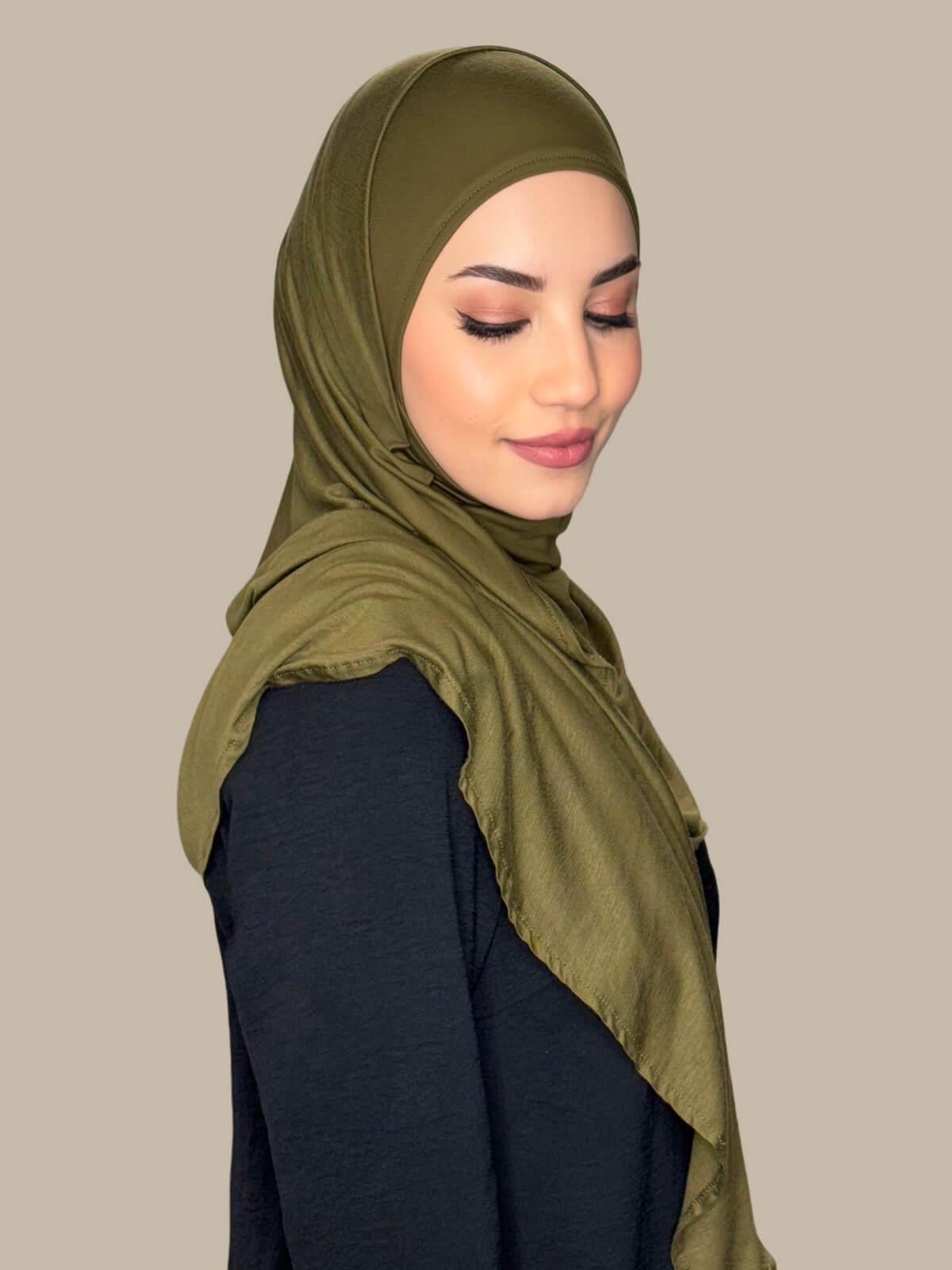 Olive Green Pre-Sewn Jersey Hijab, side view on model
