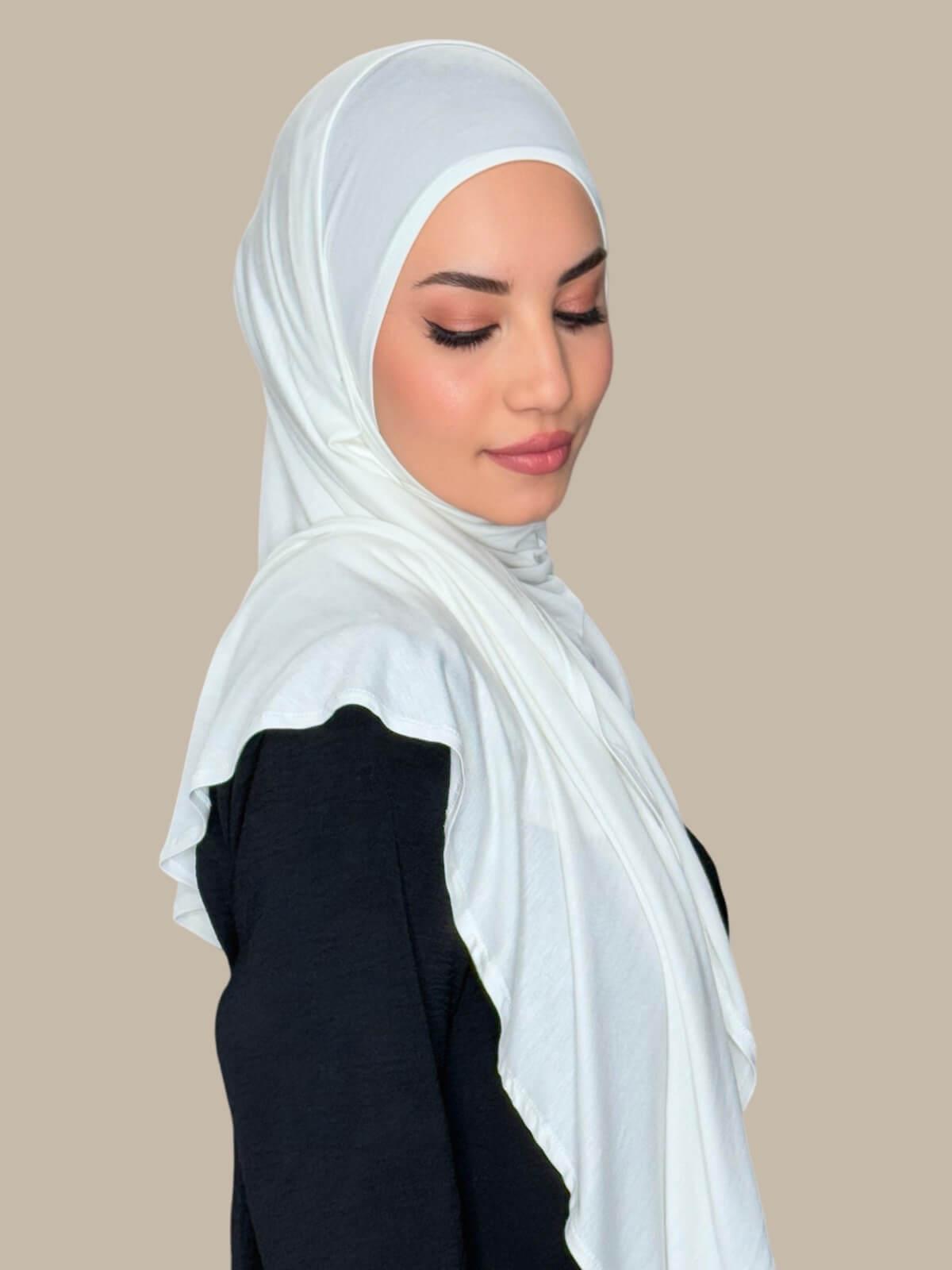Off White Pre-Sewn Jersey Hijab, side view on model