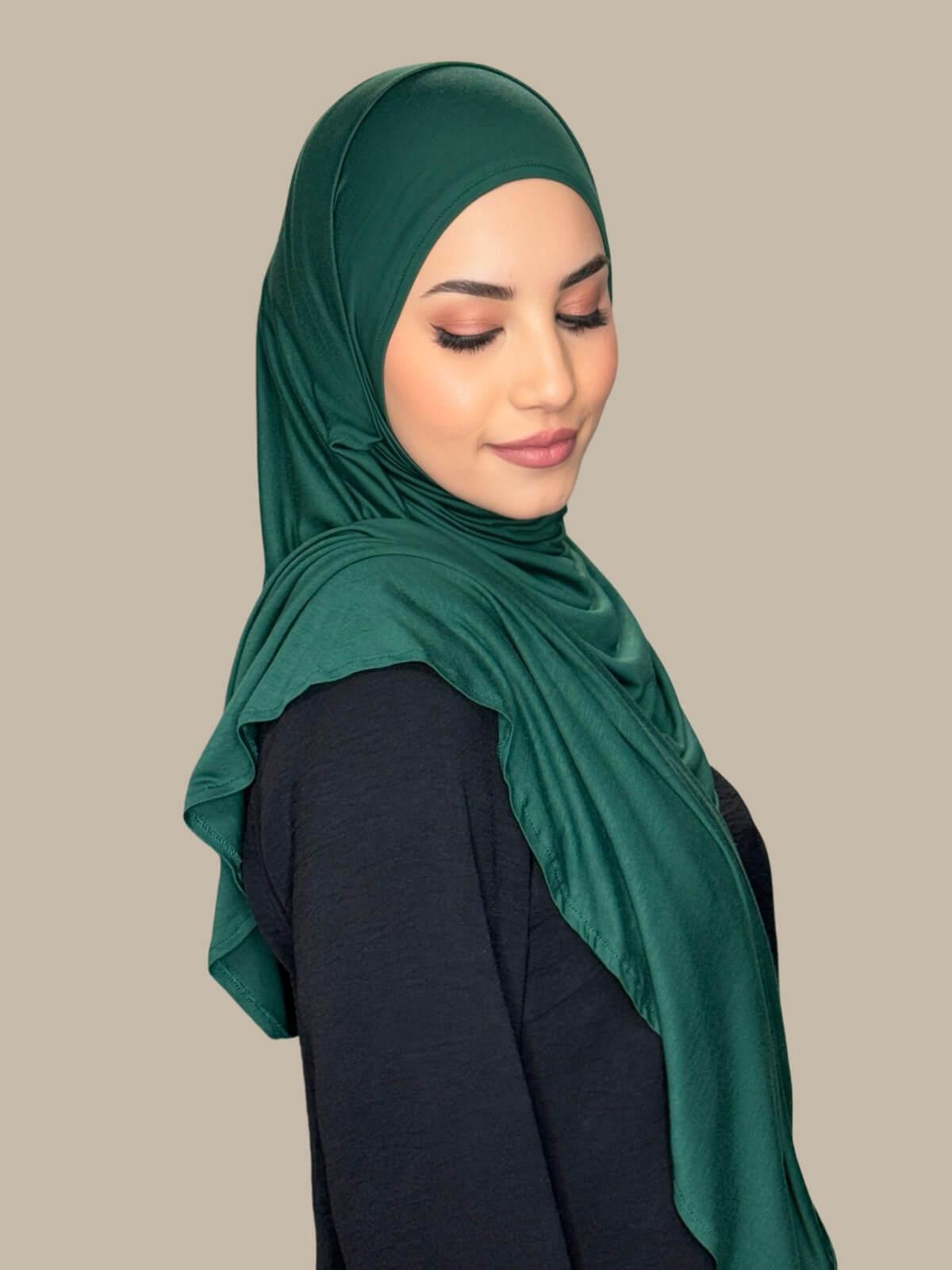 Forest Green Pre-SEwn Jersey Hijab, side view on model