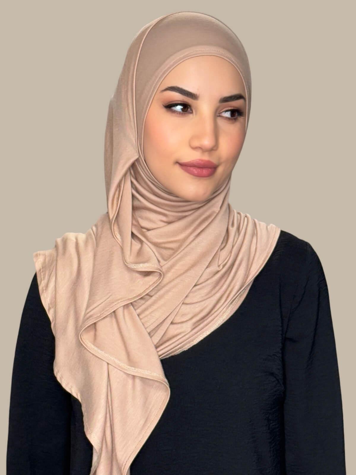 Warm Taupe Pre-Sewn Jersey Hijab, front view on model
