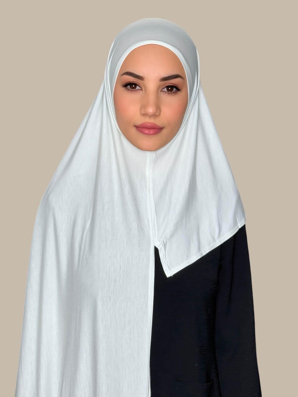 Off White Pre-Sewn Jersey Hijab front view on model showing full coverage and smooth drape on both sides.