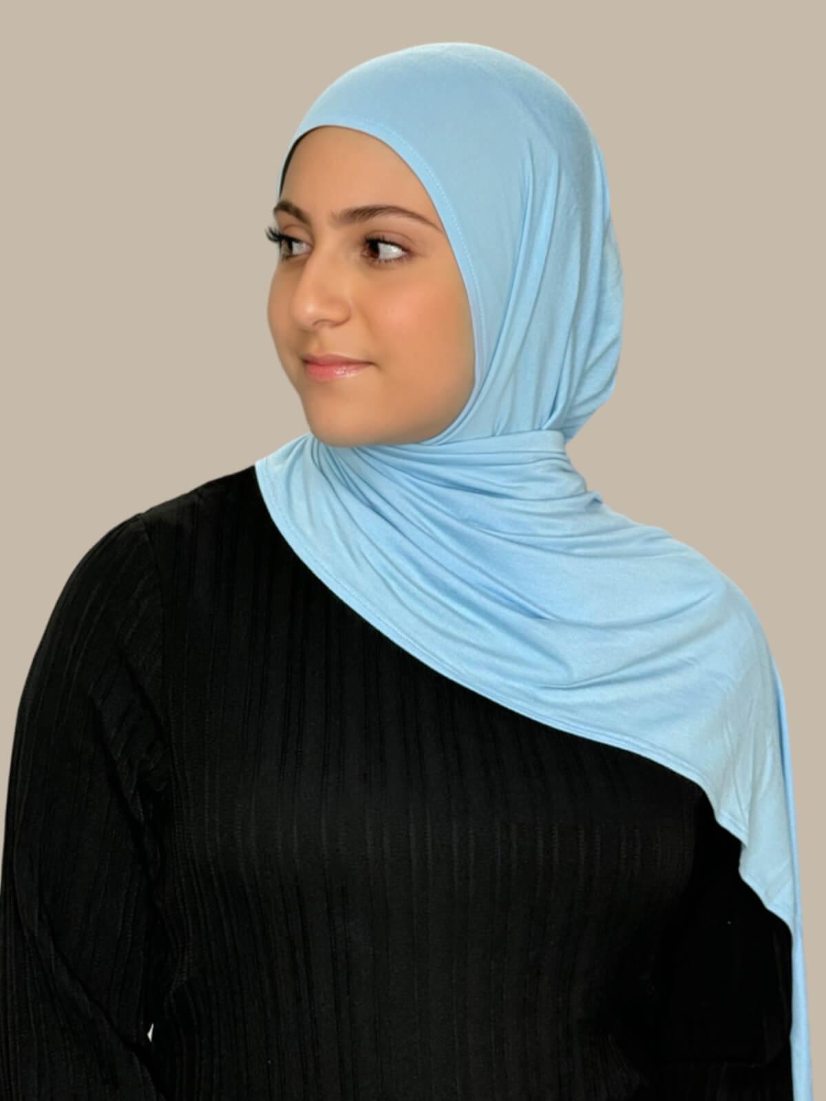 Baby Blue Pre-Sewn Jersey Hijab in Modish Girl size on model draped over shoulder
