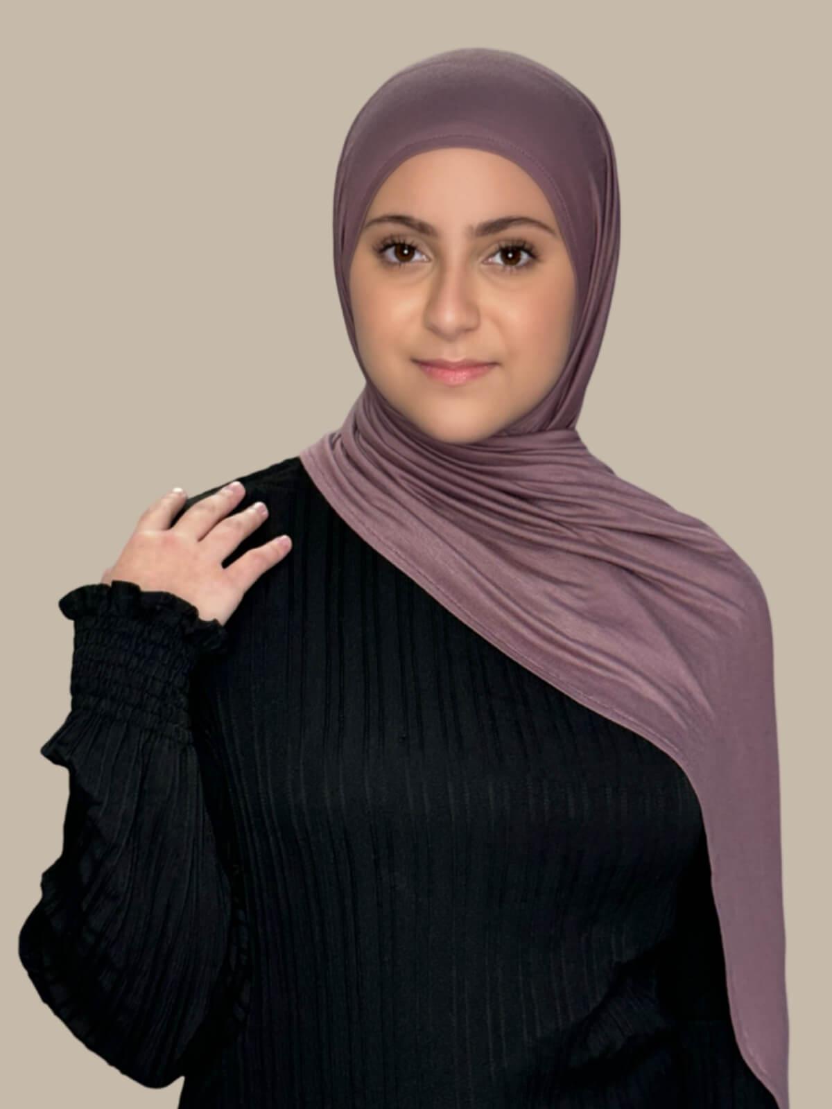 Rose Taupe Pre-Sewn Jersey Hijab in Modish Girl size, front view on model with hijab draped over shoulder 