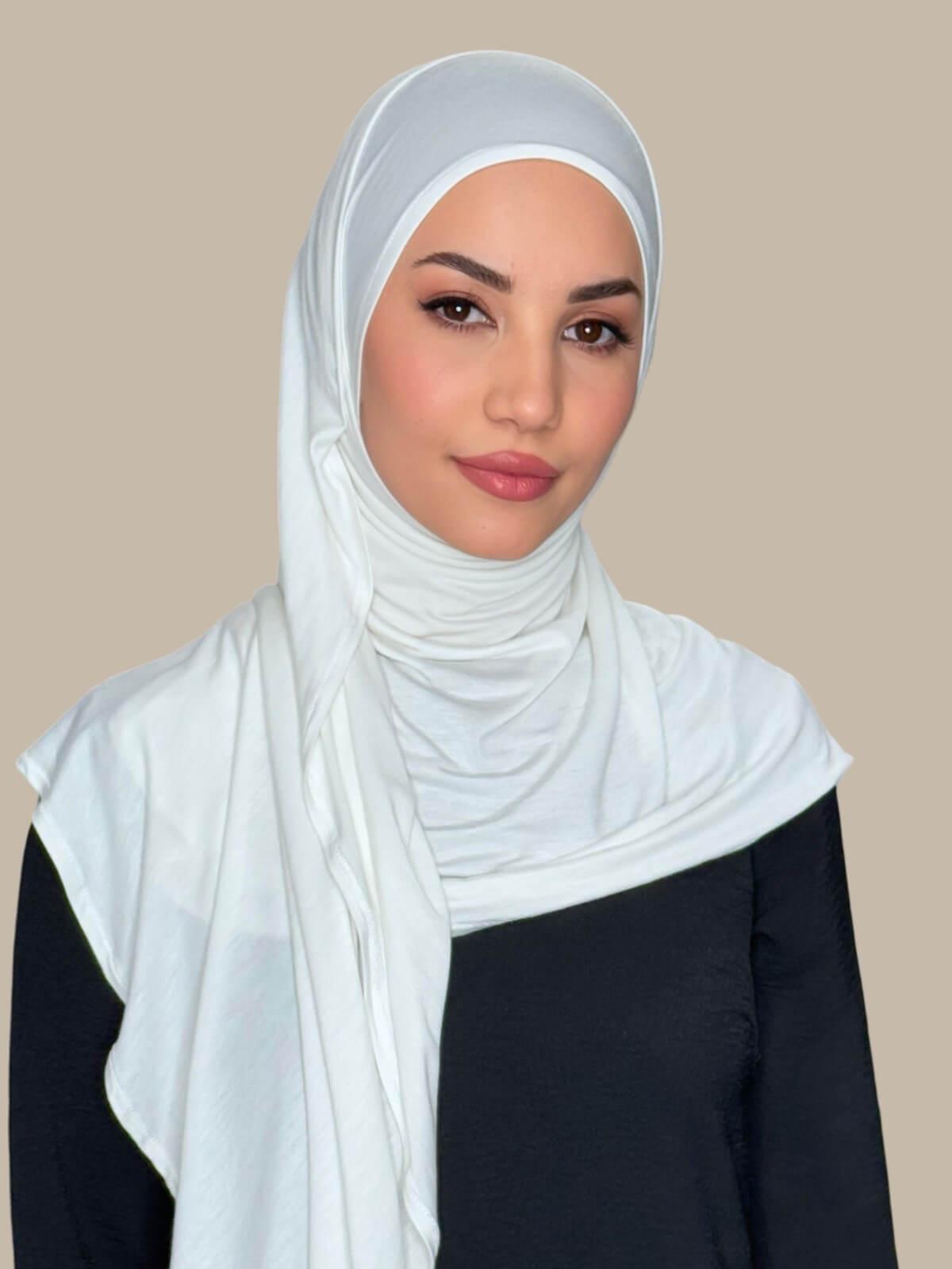 Off White Pre-Sewn Jersey Hijab — front view on model